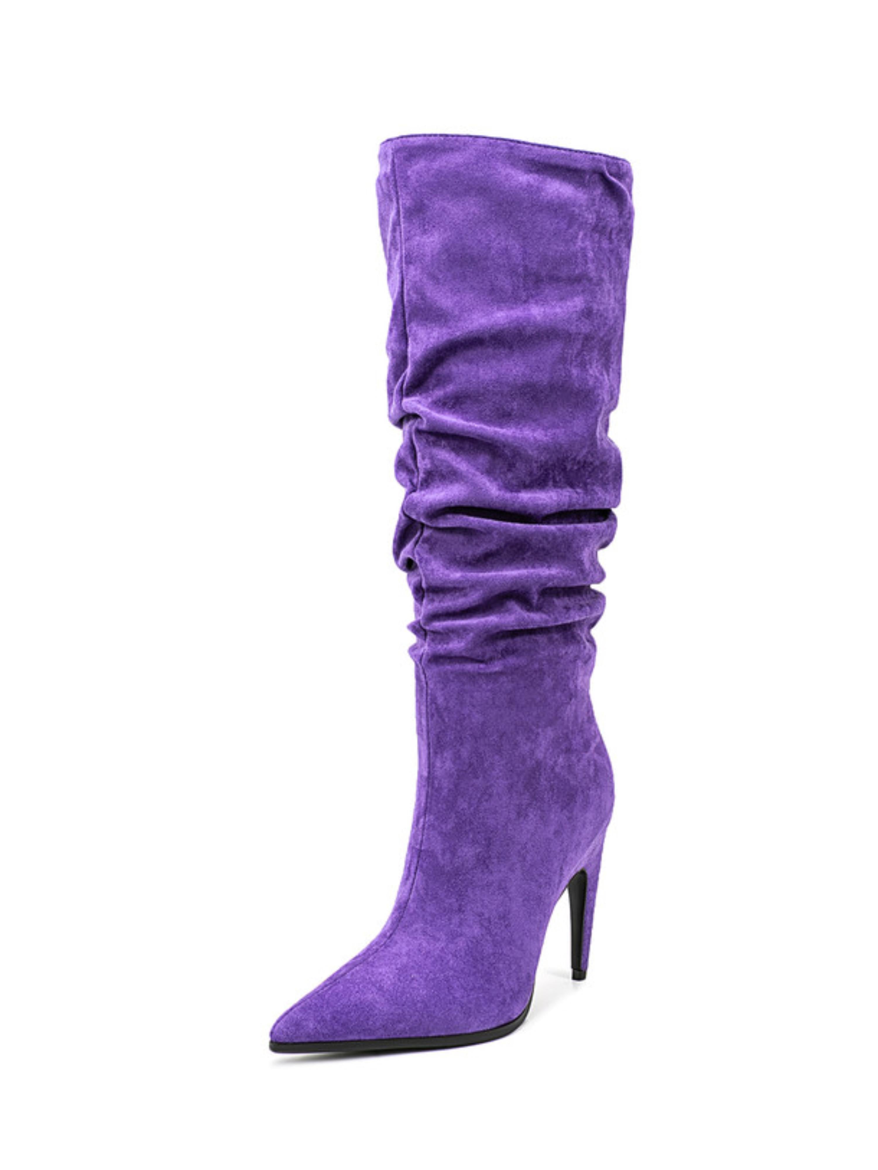 Purple Suede Pointed Toe Knee-High Heeled Boots
