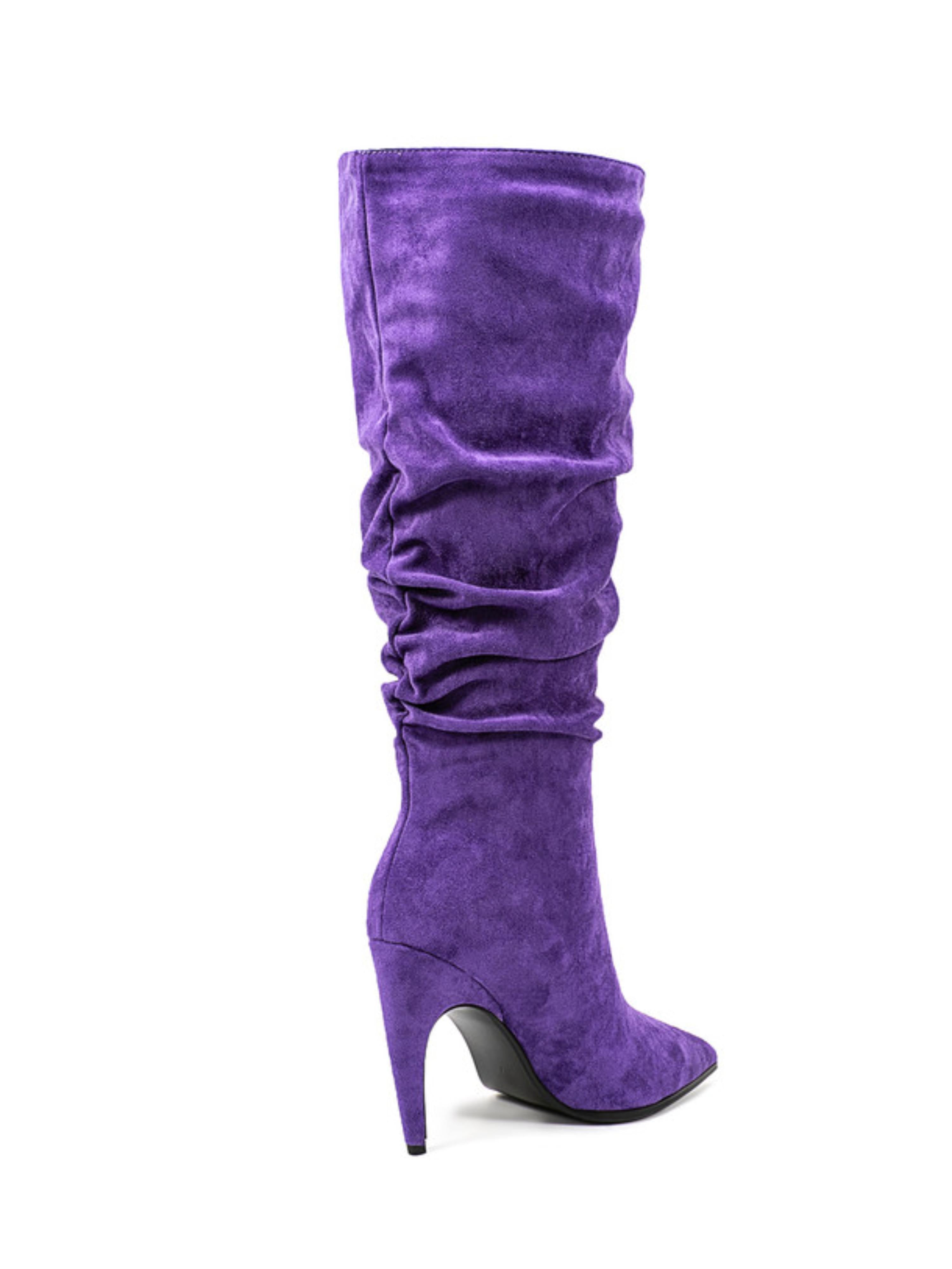 Purple Suede Pointed Toe Knee-High Heeled Boots