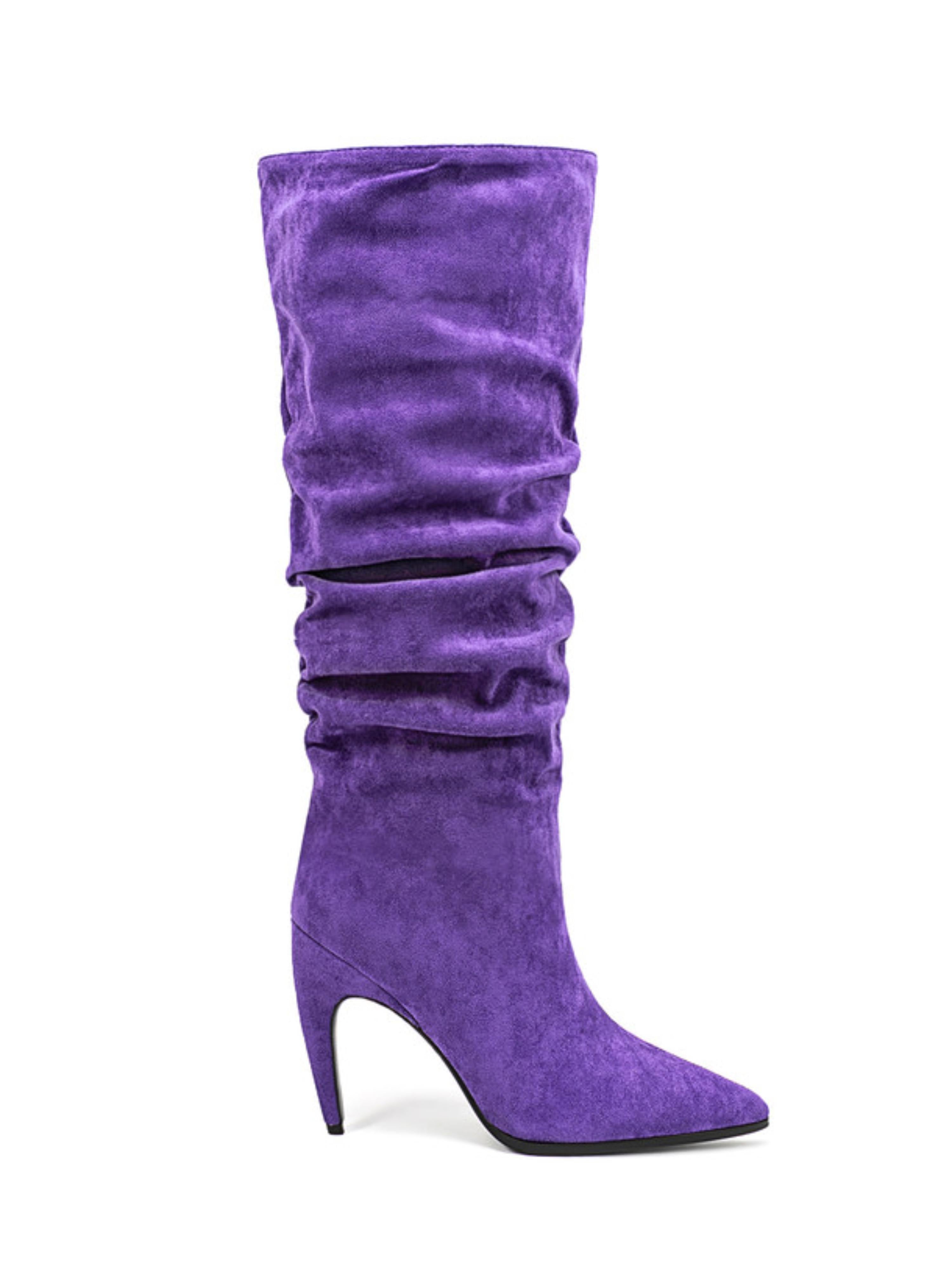 Purple Suede Pointed Toe Knee-High Heeled Boots