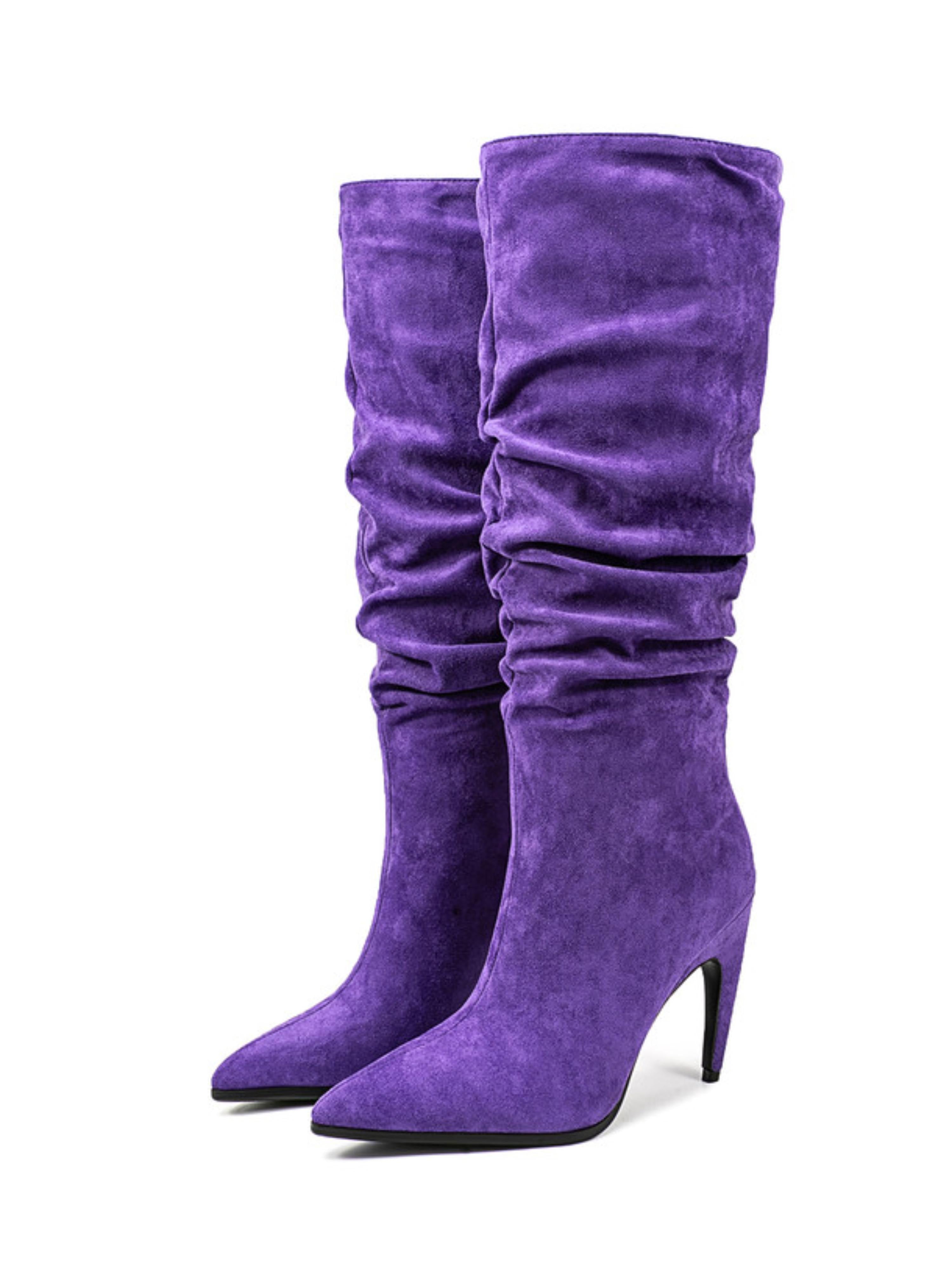 Purple Suede Pointed Toe Knee-High Heeled Boots