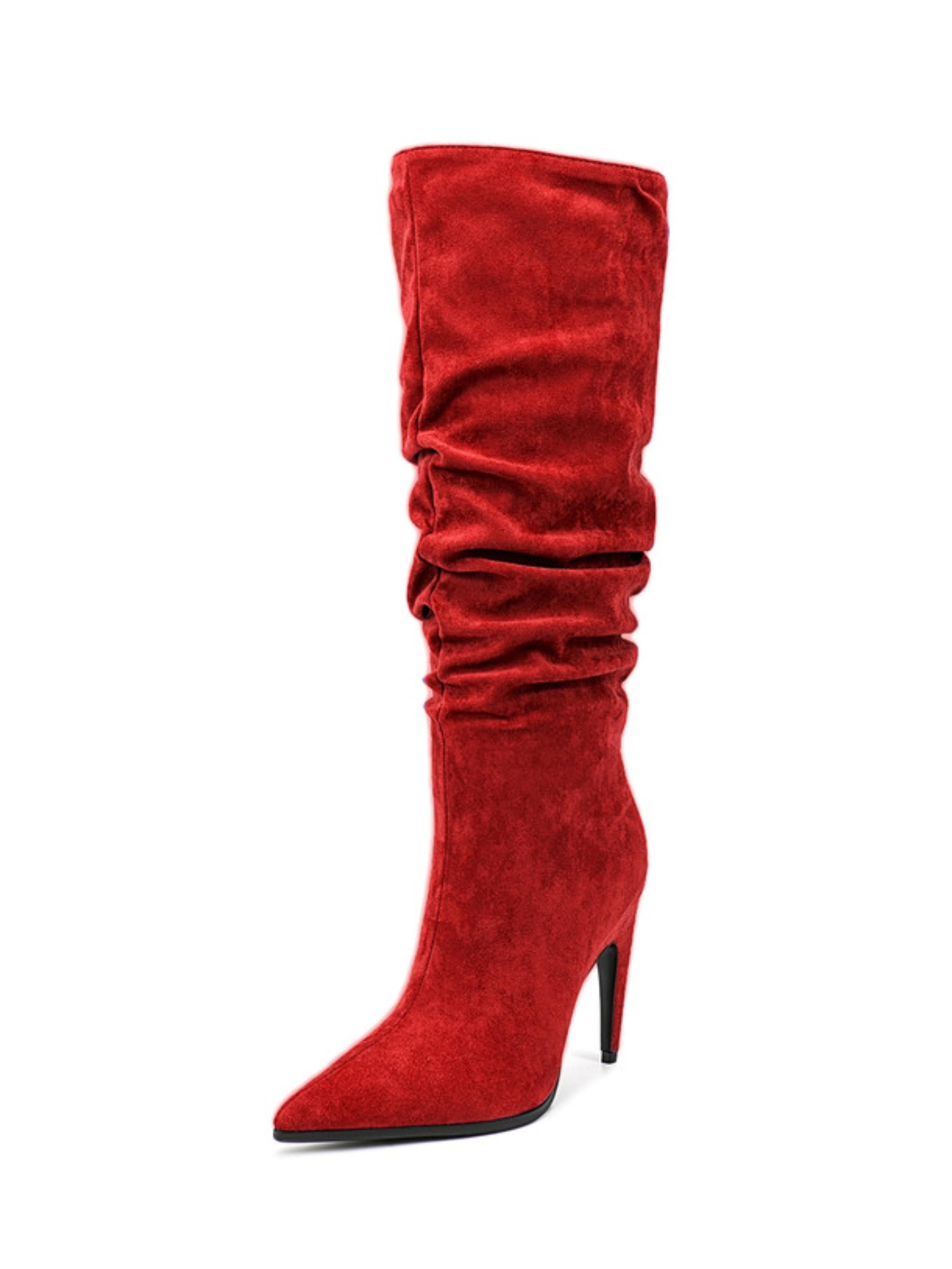 Red Suede Stiletto Knee-High Boots with High Heels