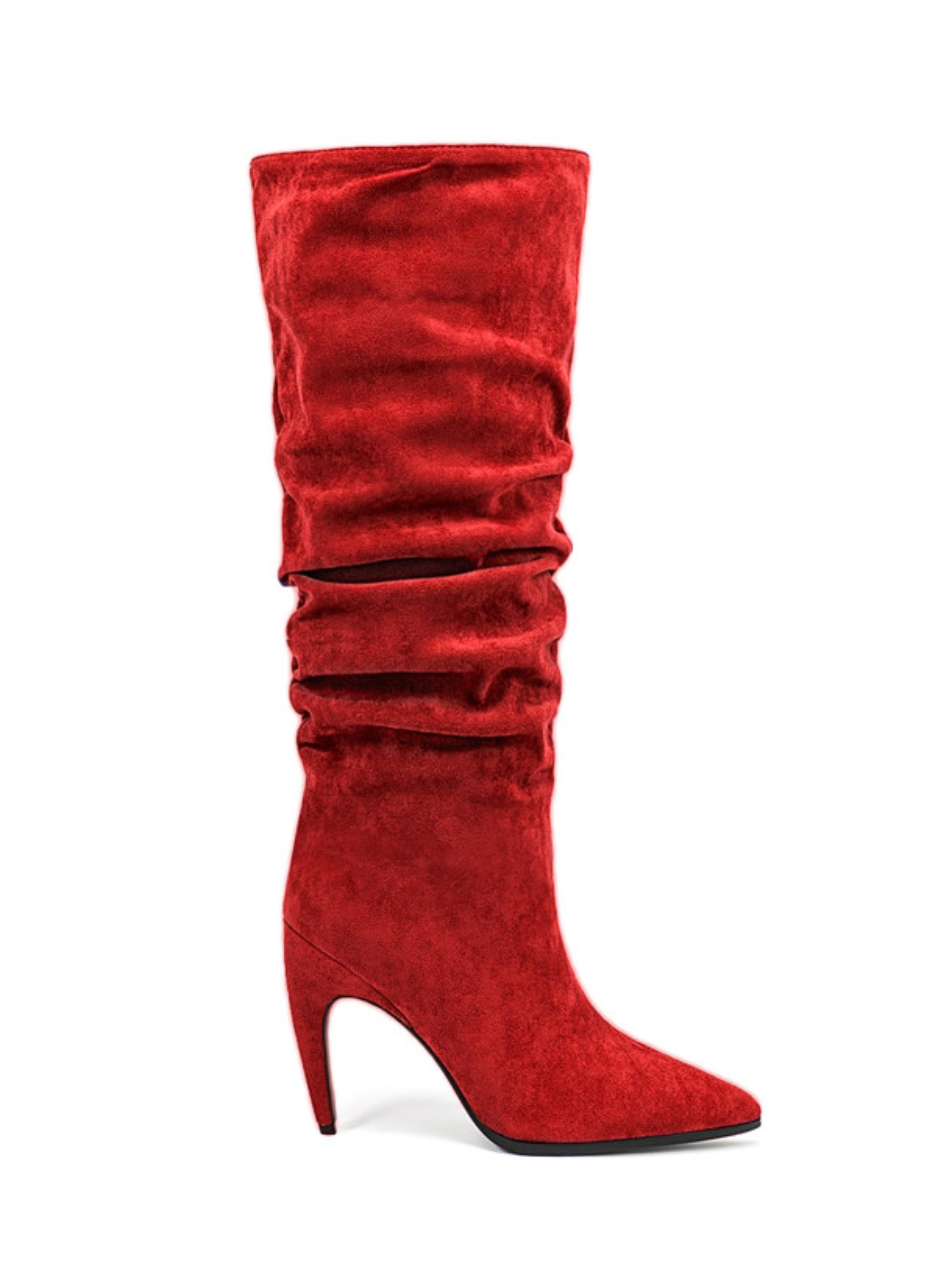 Red Suede Stiletto Knee-High Boots with High Heels