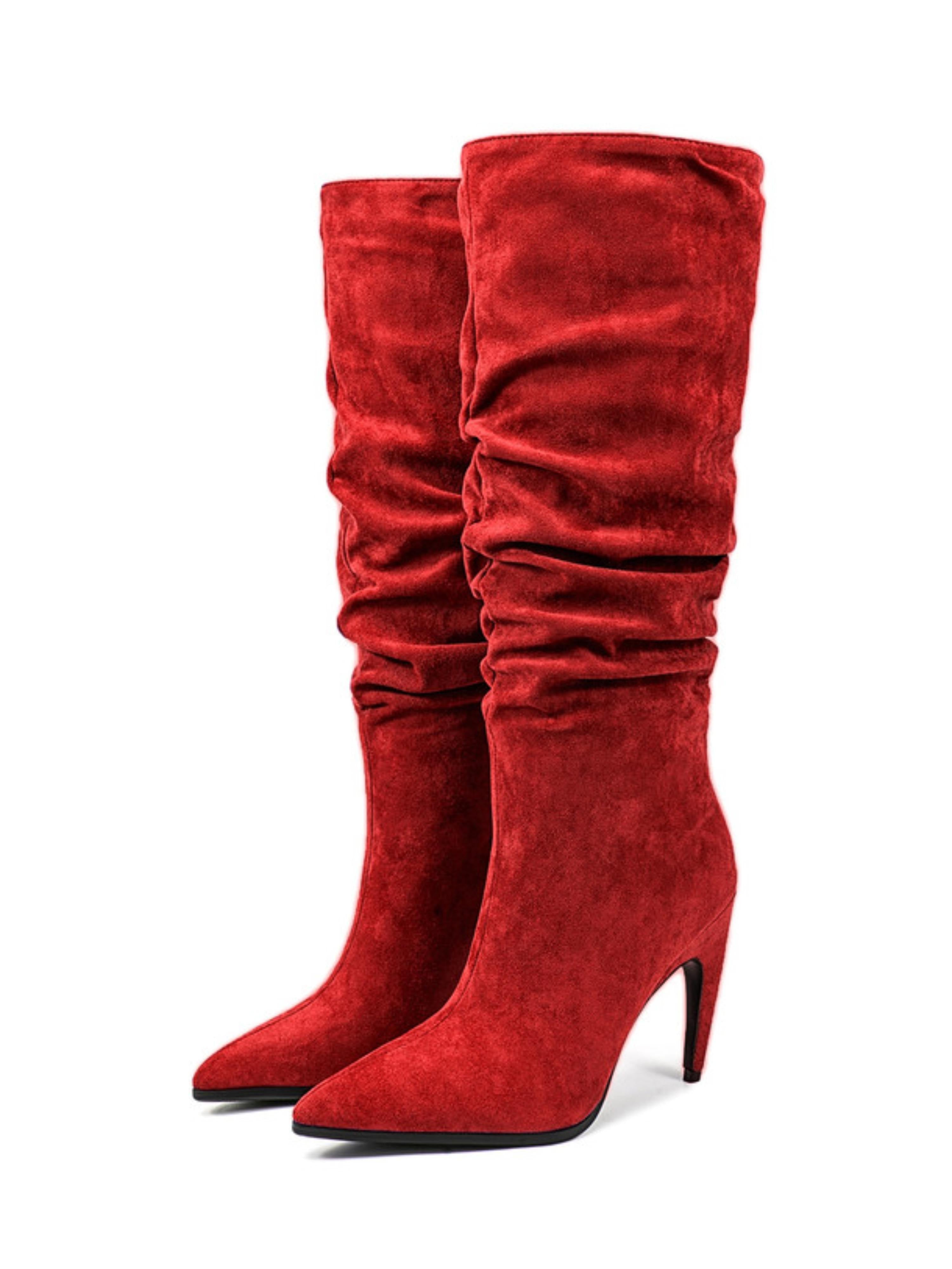 Red Suede Stiletto Knee-High Boots with High Heels