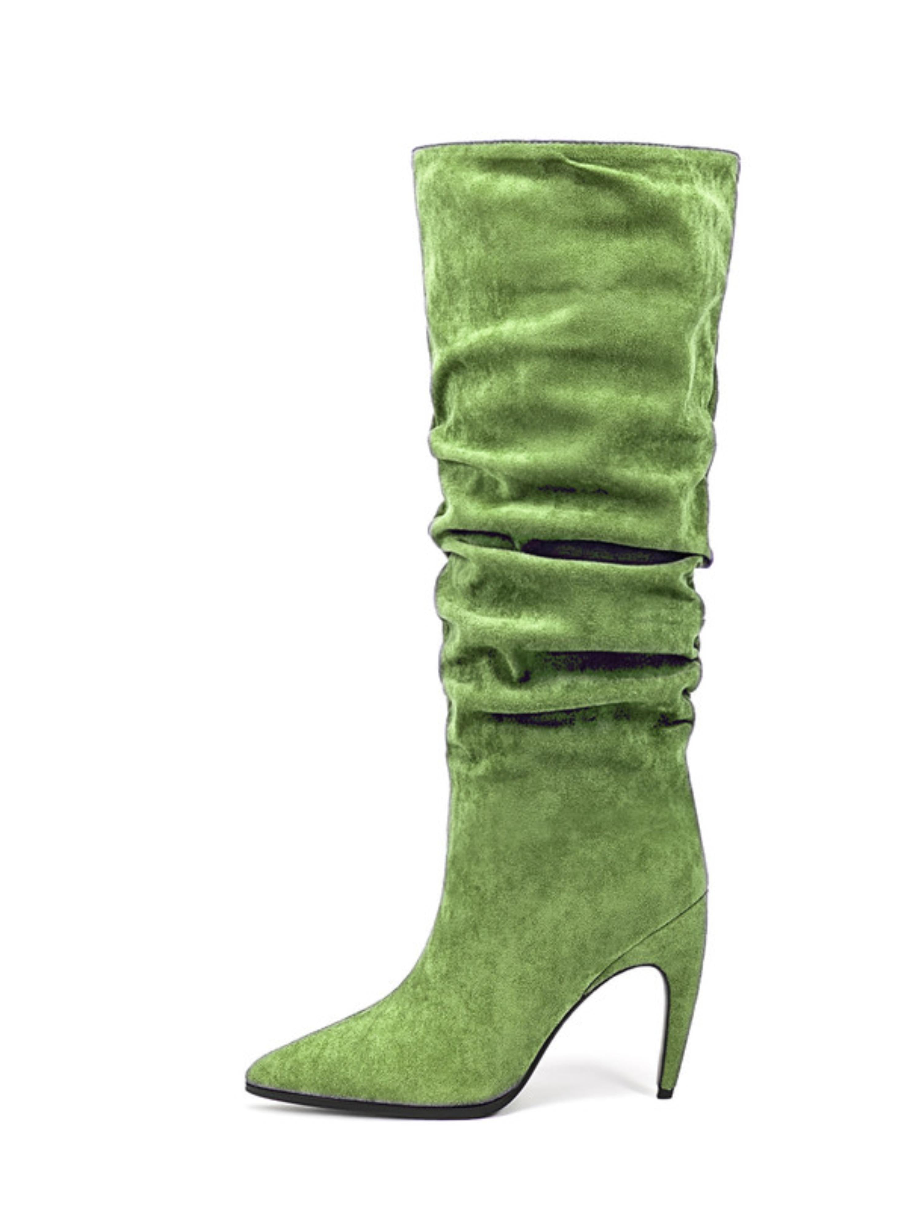 Green Suede Slip-On Slouchy Knee-High Boots for Women