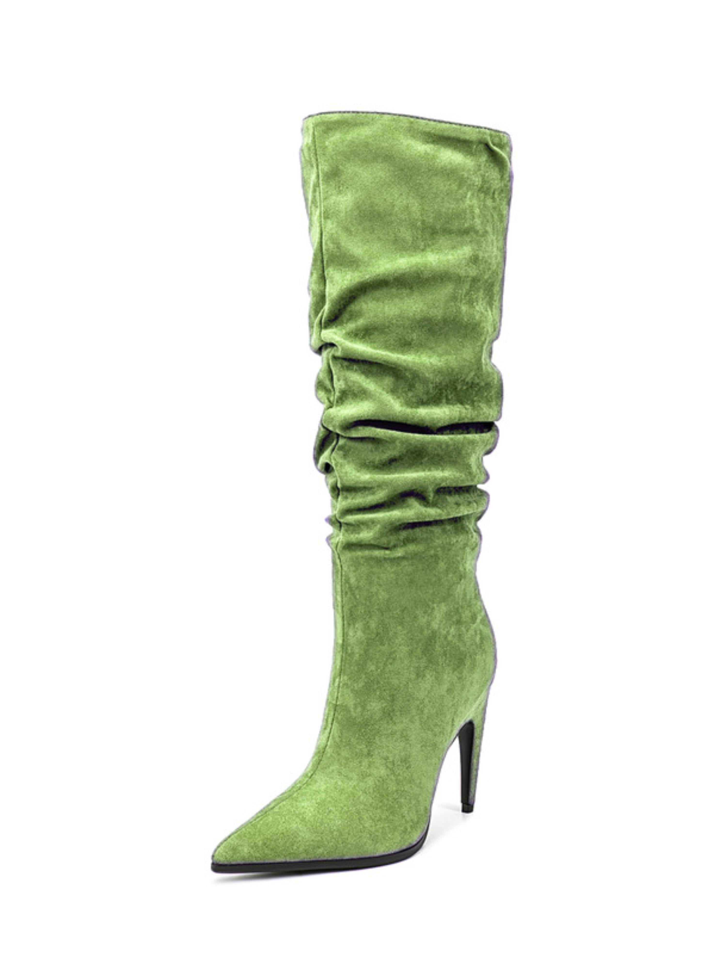 Green Suede Slip-On Slouchy Knee-High Boots for Women