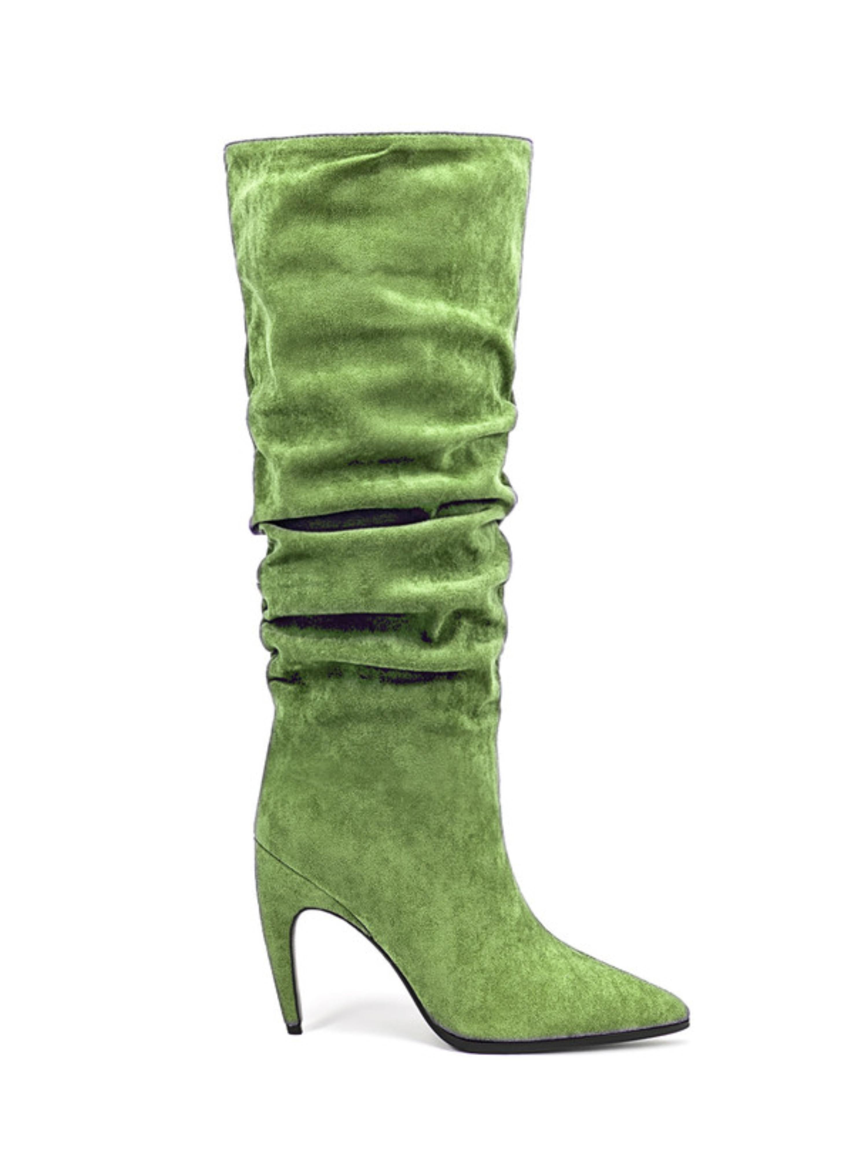 Green Suede Slip-On Slouchy Knee-High Boots for Women