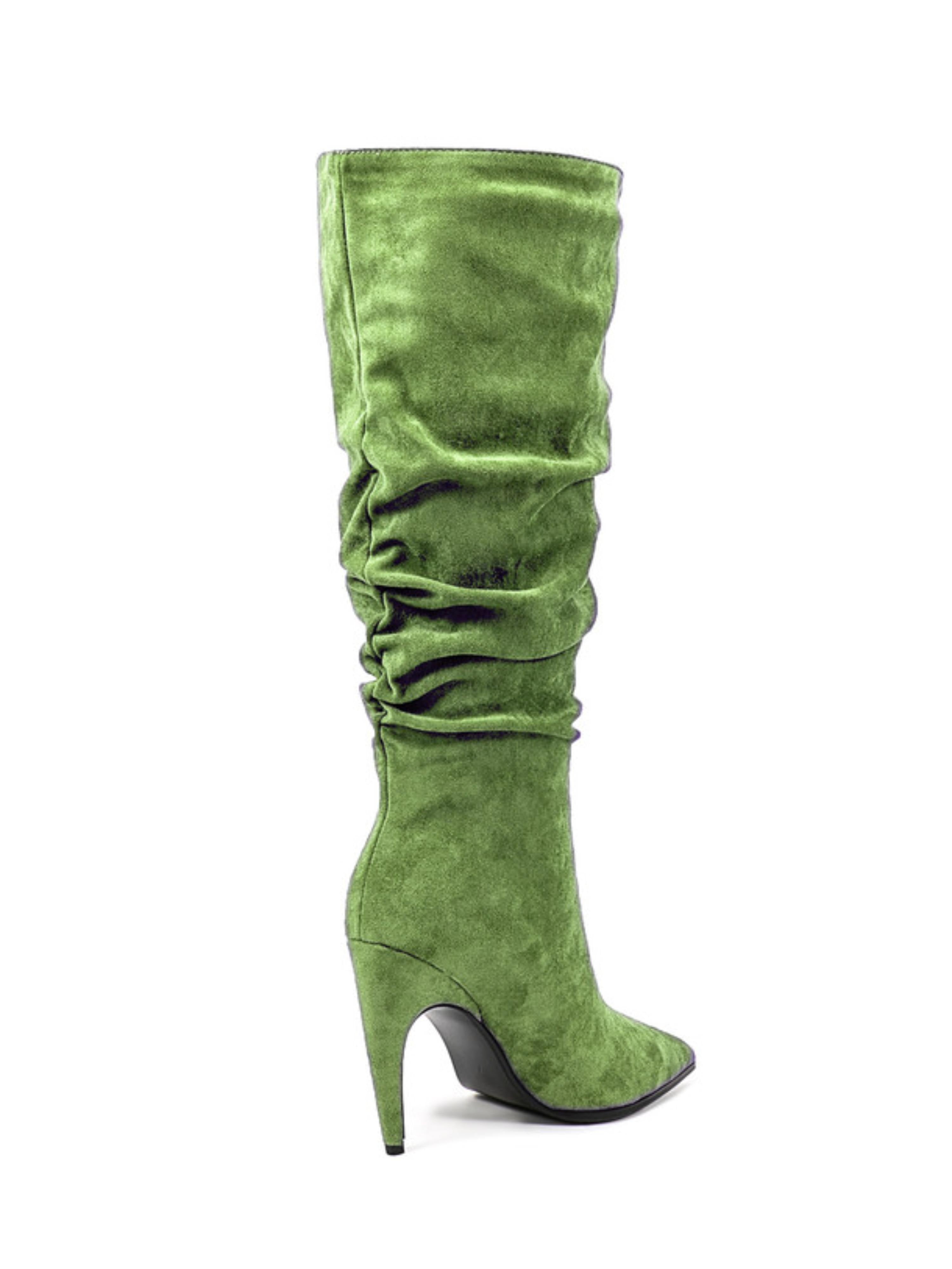 Green Suede Slip-On Slouchy Knee-High Boots for Women