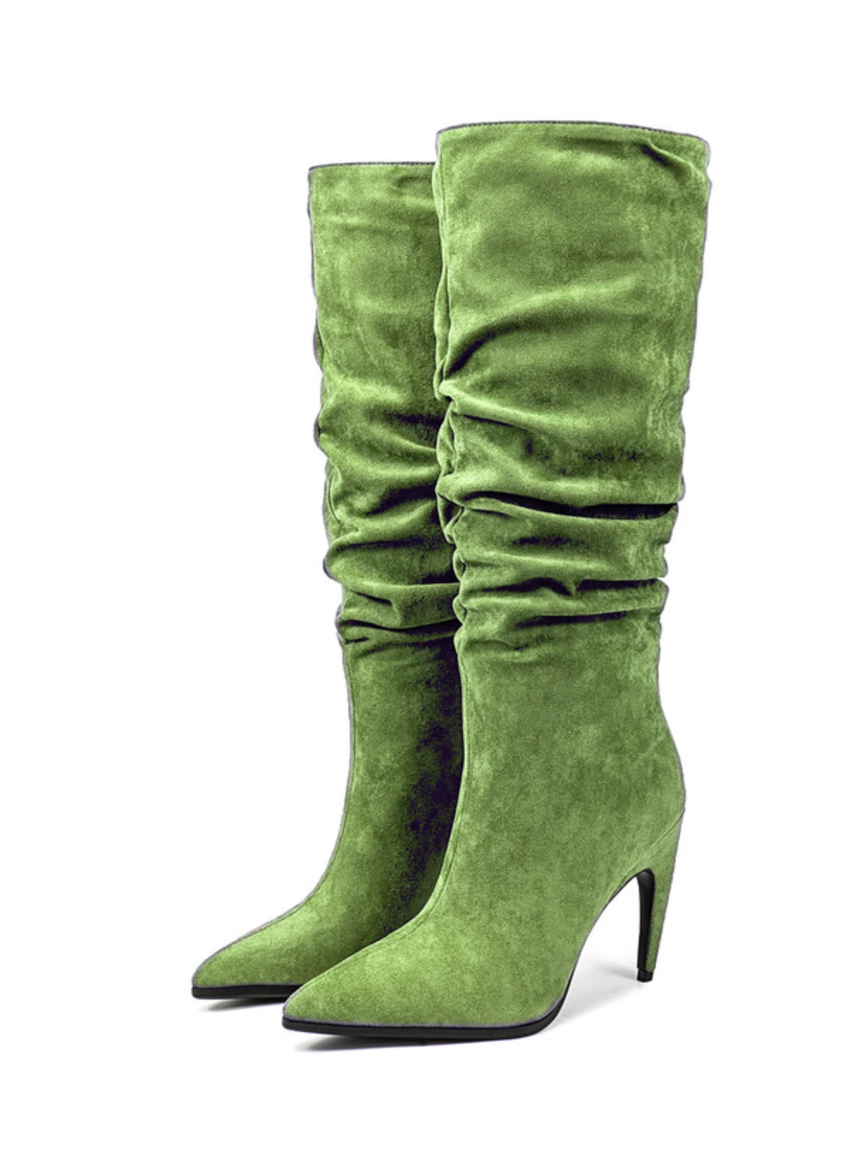 Green Suede Slip-On Slouchy Knee-High Boots for Women