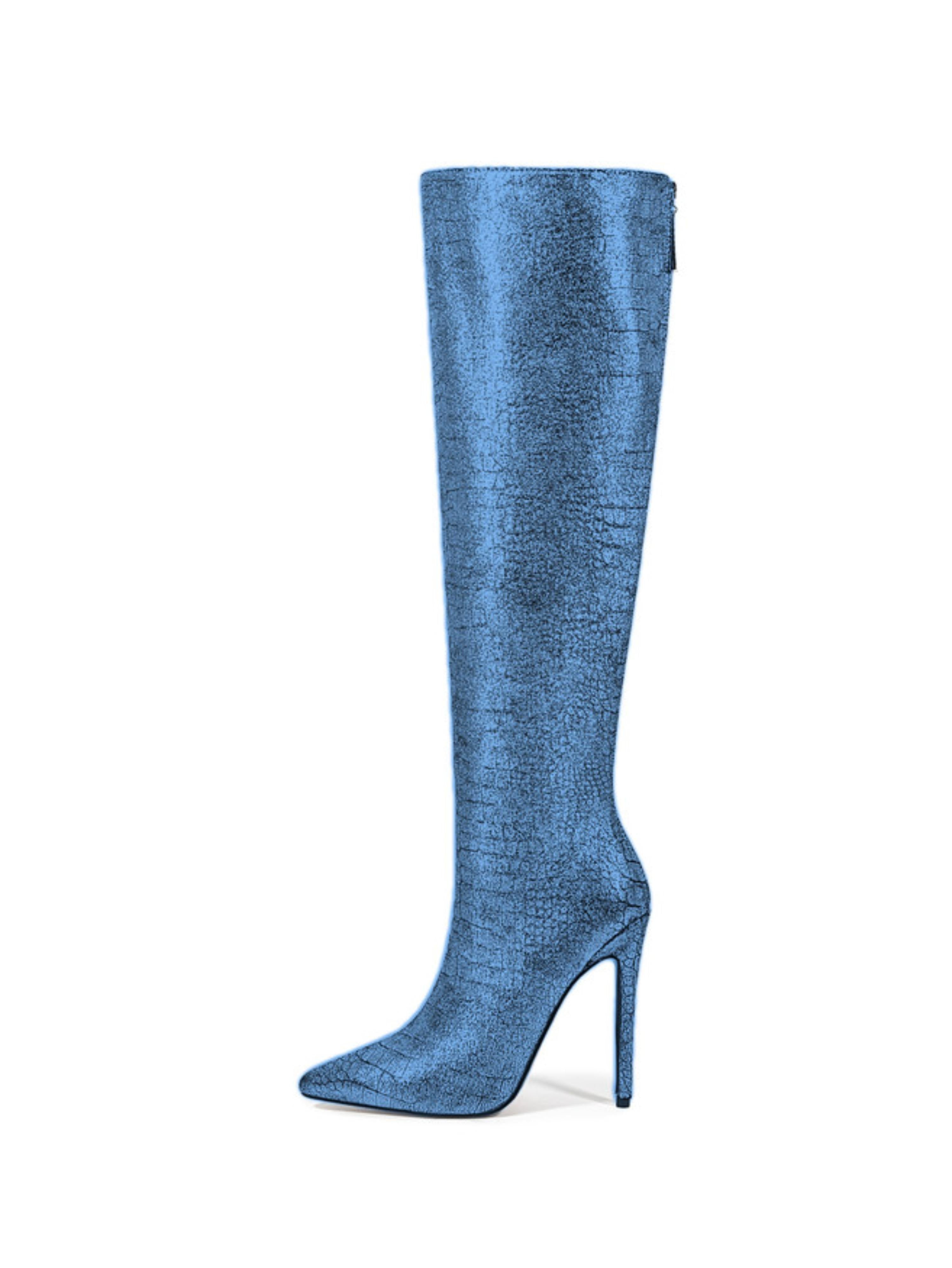 Blue Embossed Sky High-Heel Knee-High Boots Women