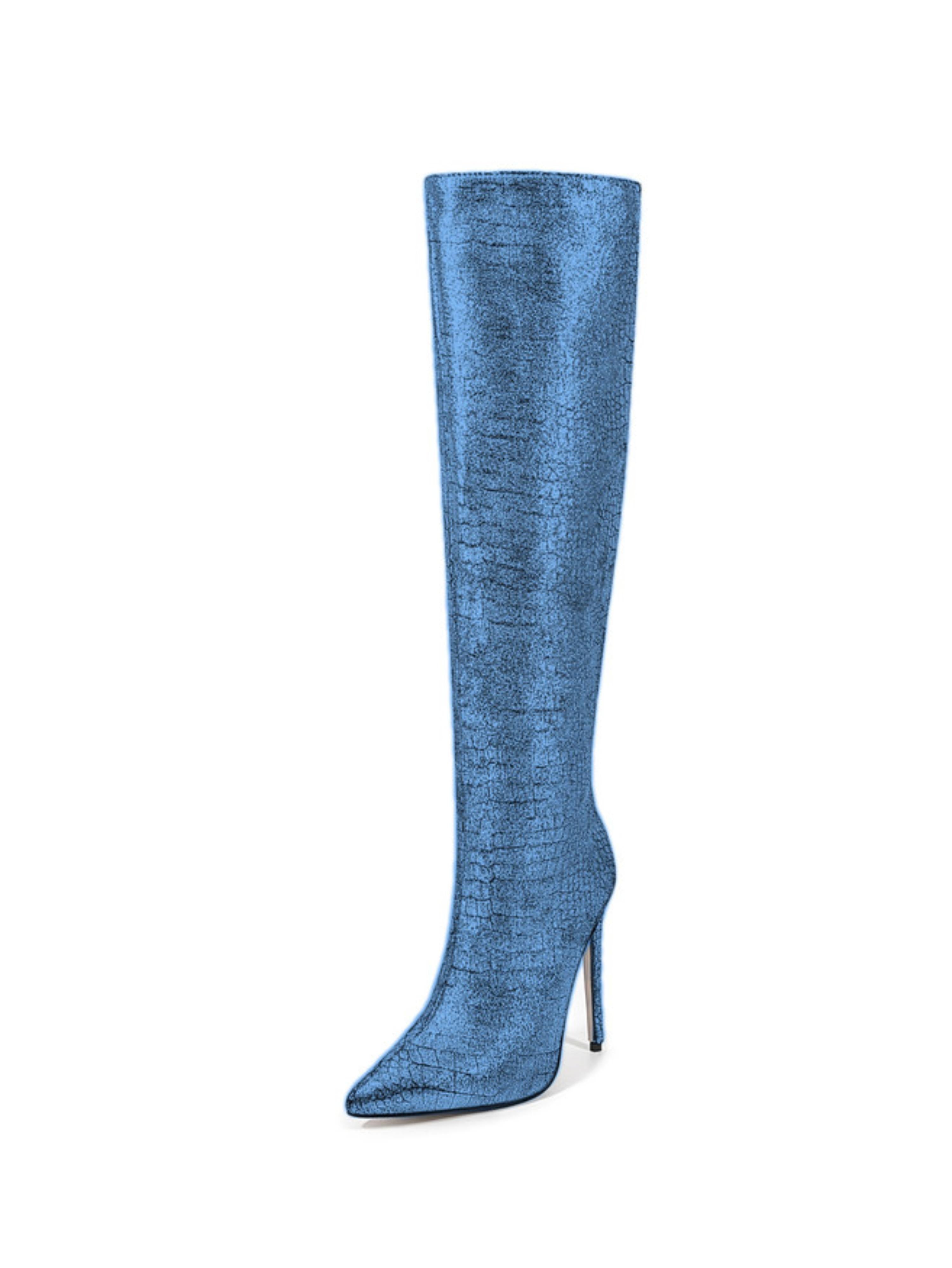 Blue Embossed Sky High-Heel Knee-High Boots Women