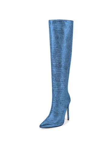 Blue Embossed Sky High-Heel Knee-High Boots Women