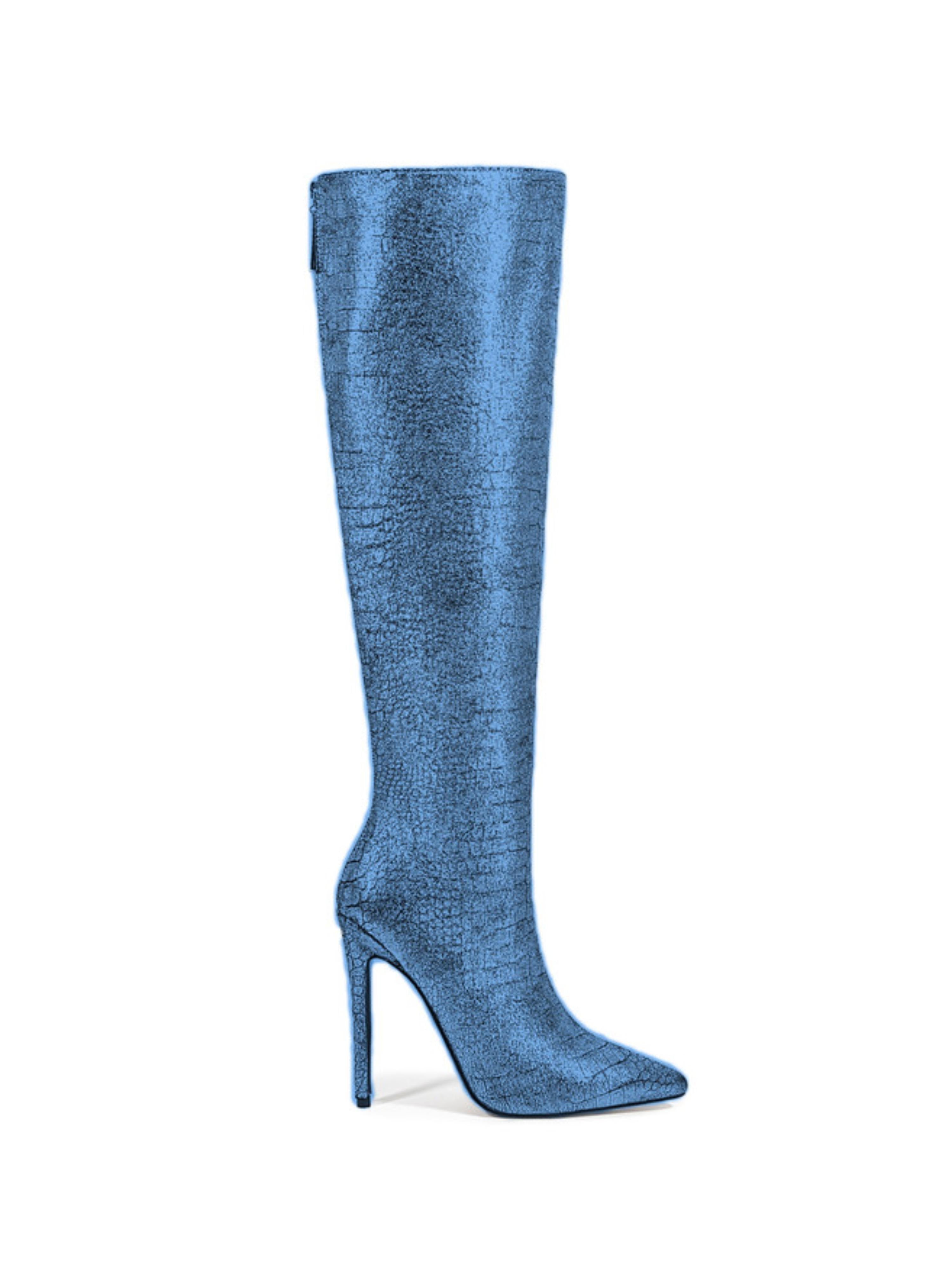 Blue Embossed Sky High-Heel Knee-High Boots Women