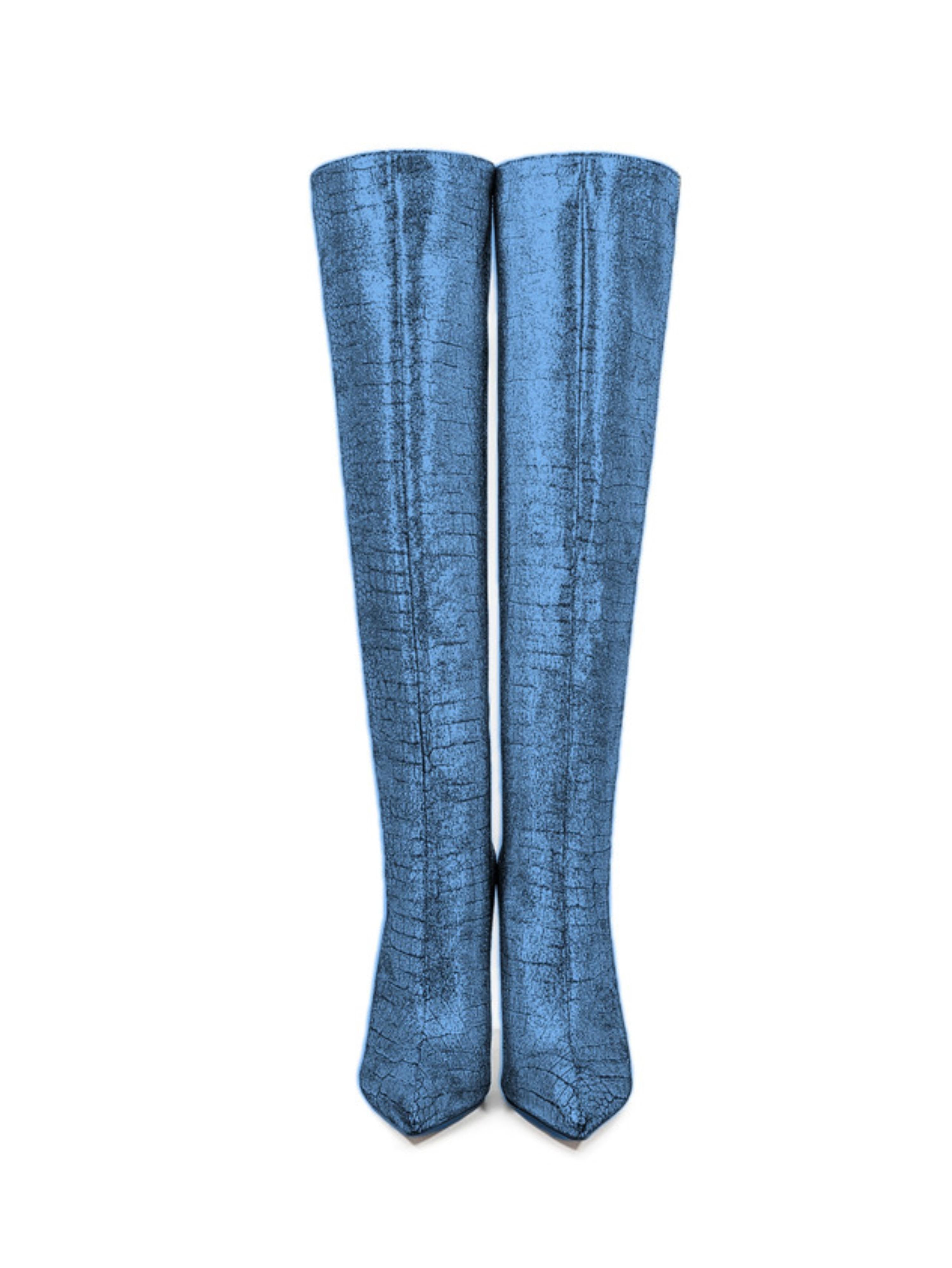 Blue Embossed Sky High-Heel Knee-High Boots Women