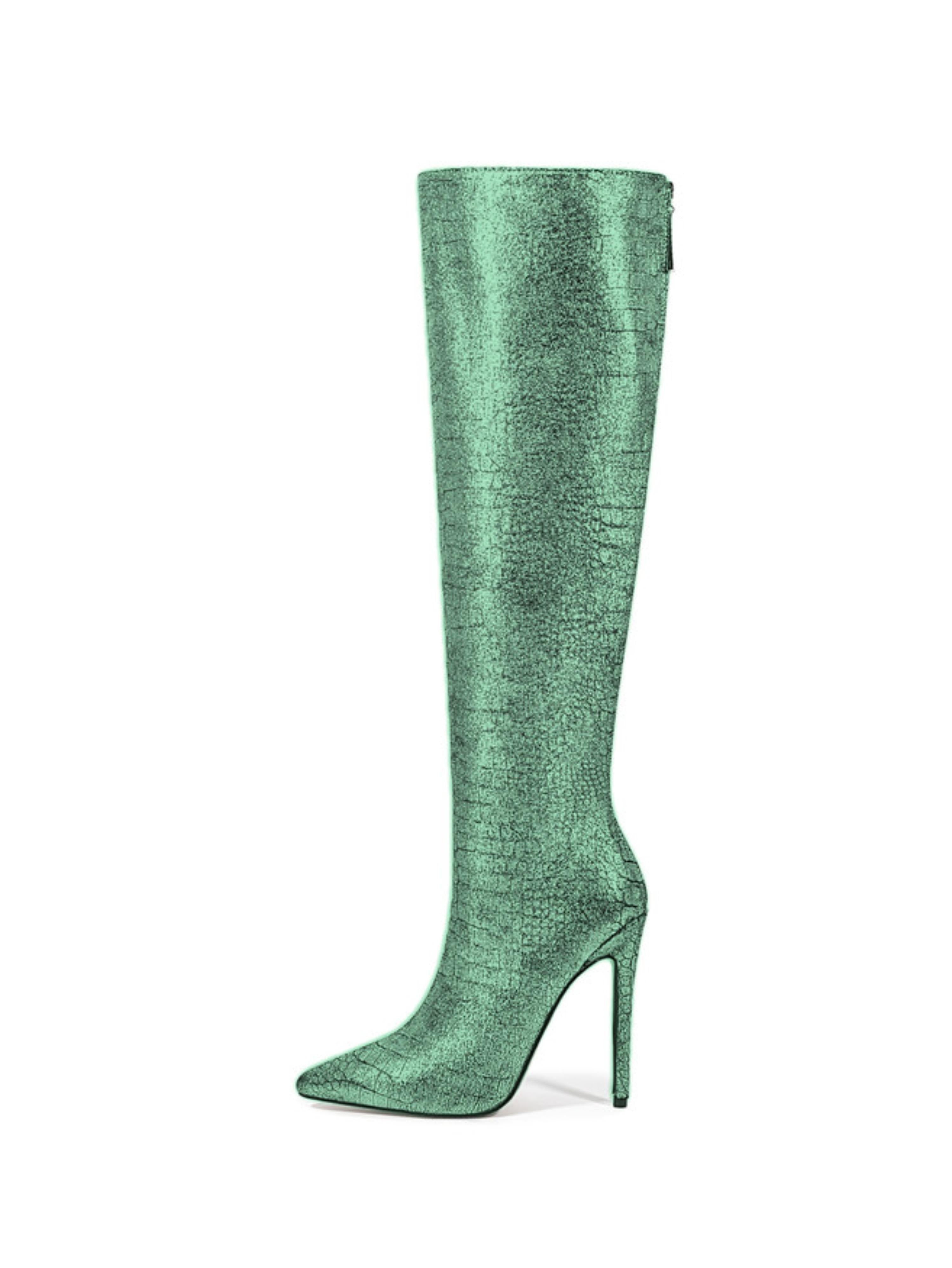 Emerald Green Embossed Pointed Toe Knee-High Heeled Boots
