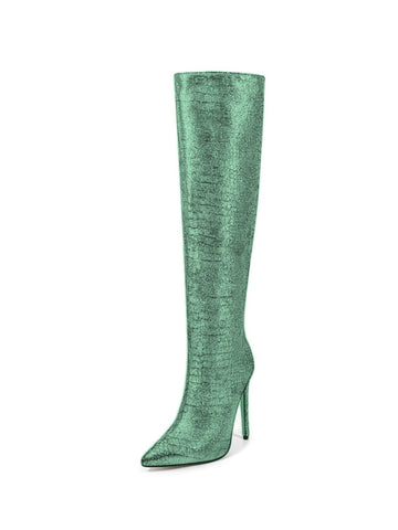 Emerald Green Embossed Pointed Toe Knee-High Heeled Boots