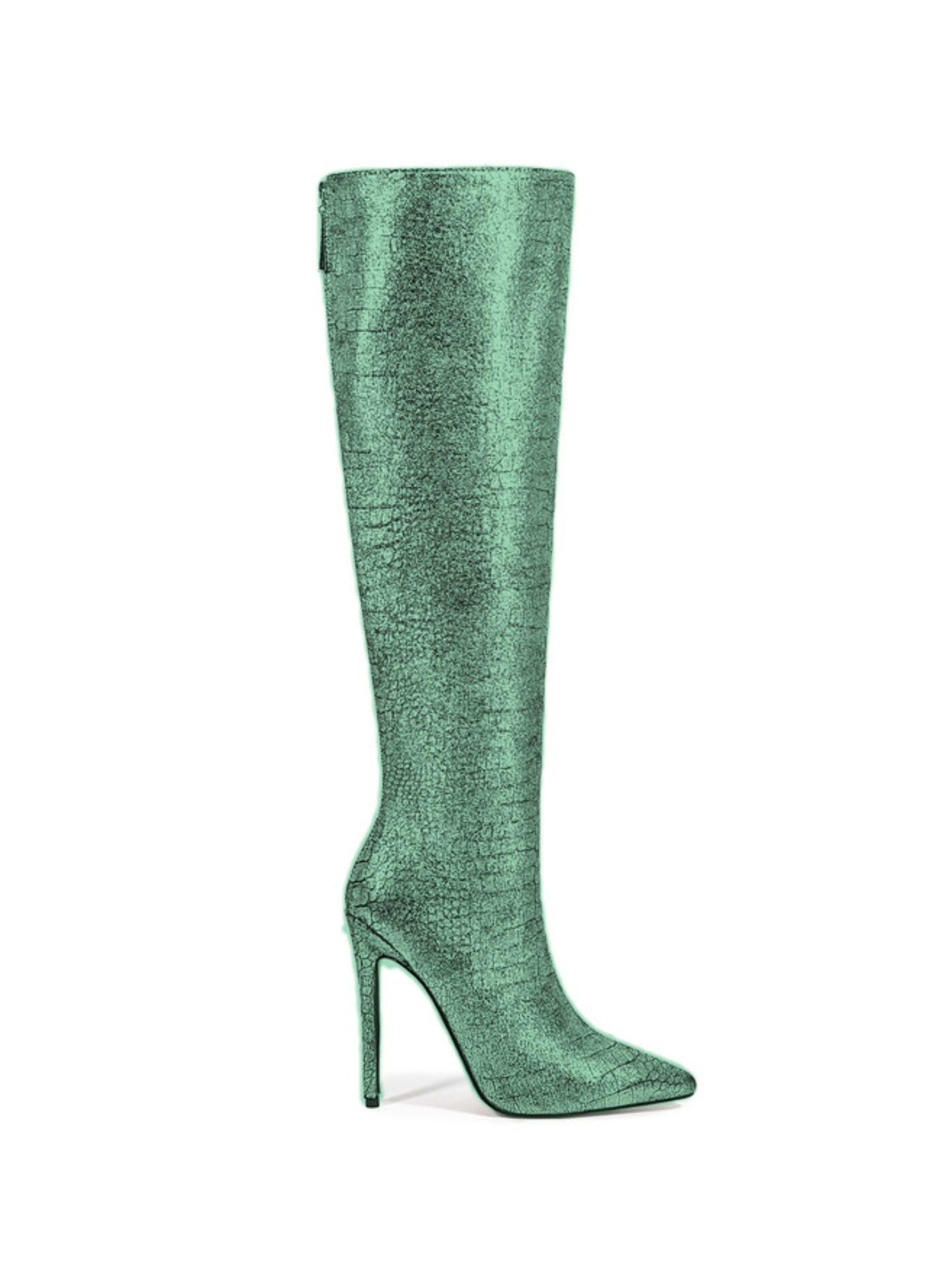 Emerald Green Embossed Pointed Toe Knee-High Heeled Boots