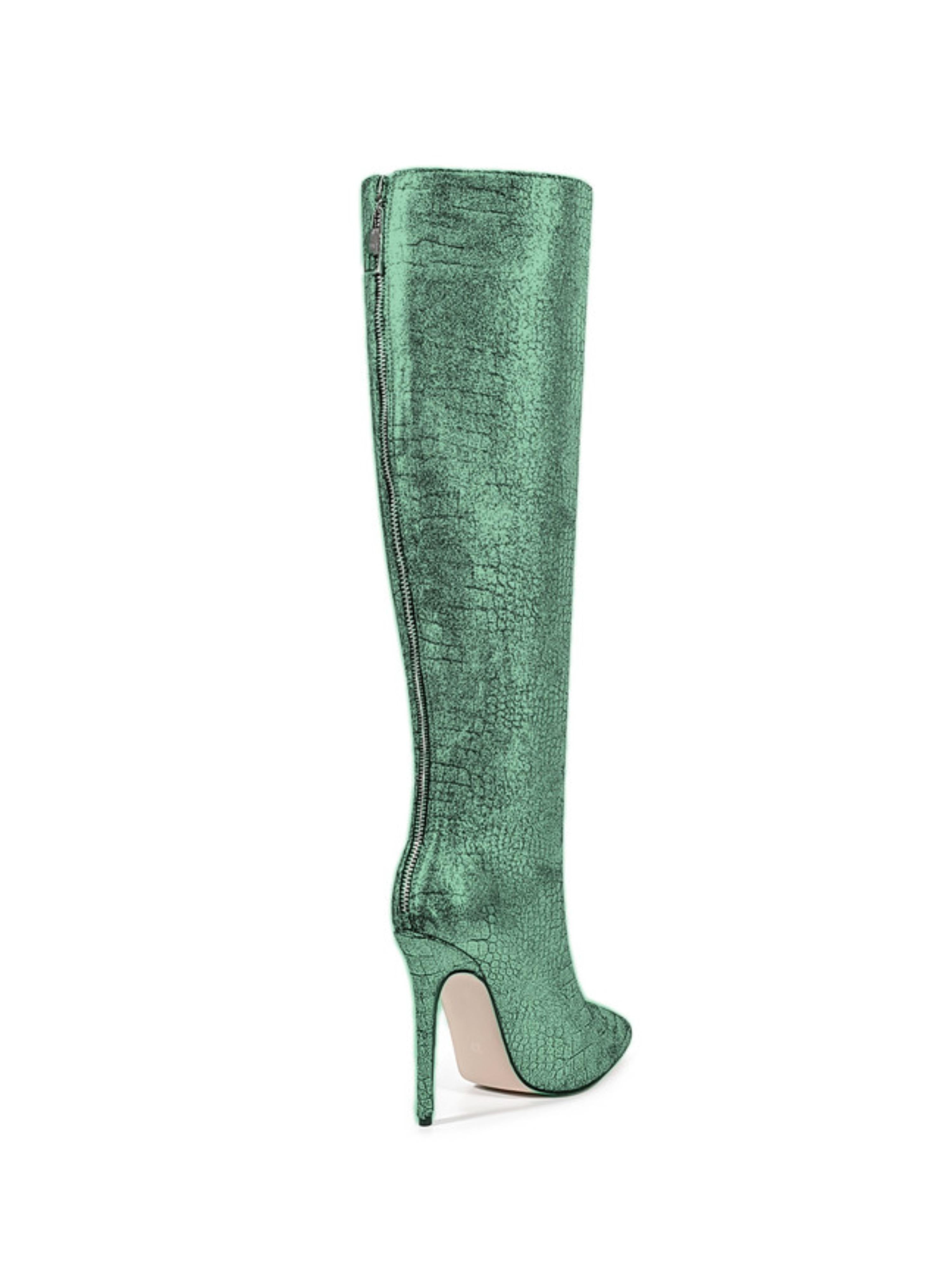 Emerald Green Embossed Pointed Toe Knee-High Heeled Boots