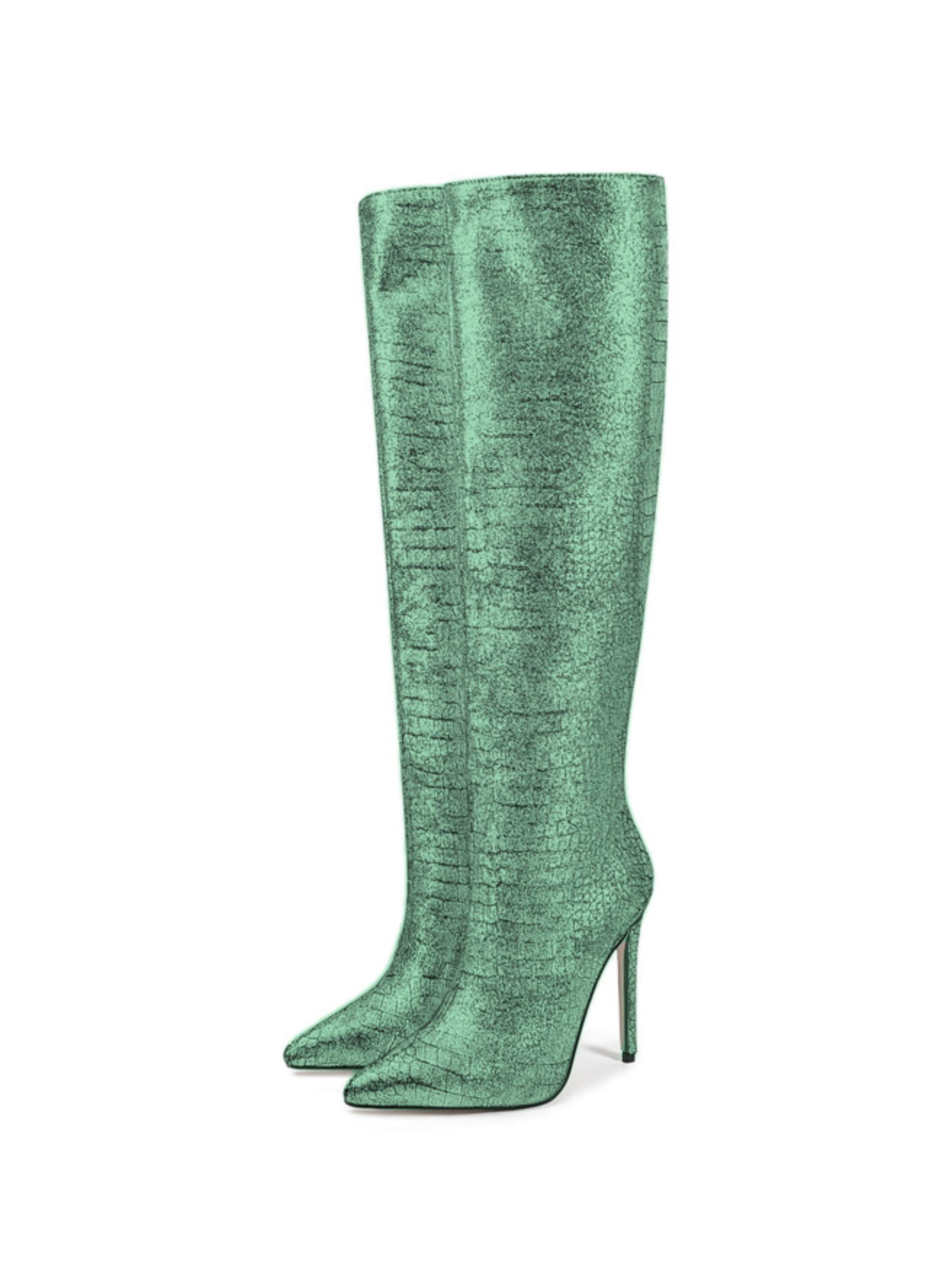 Emerald Green Embossed Pointed Toe Knee-High Heeled Boots
