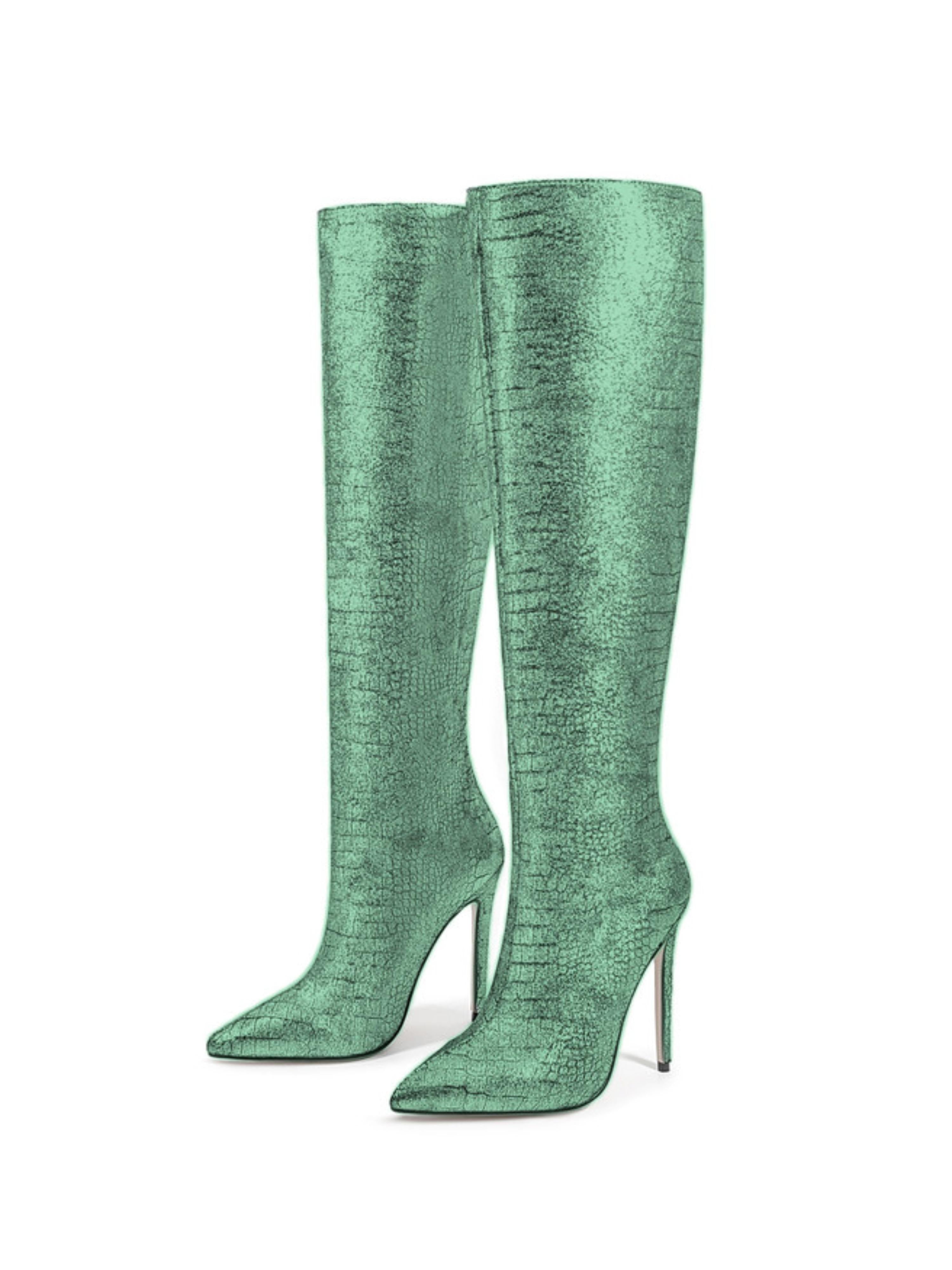 Emerald Green Embossed Pointed Toe Knee-High Heeled Boots