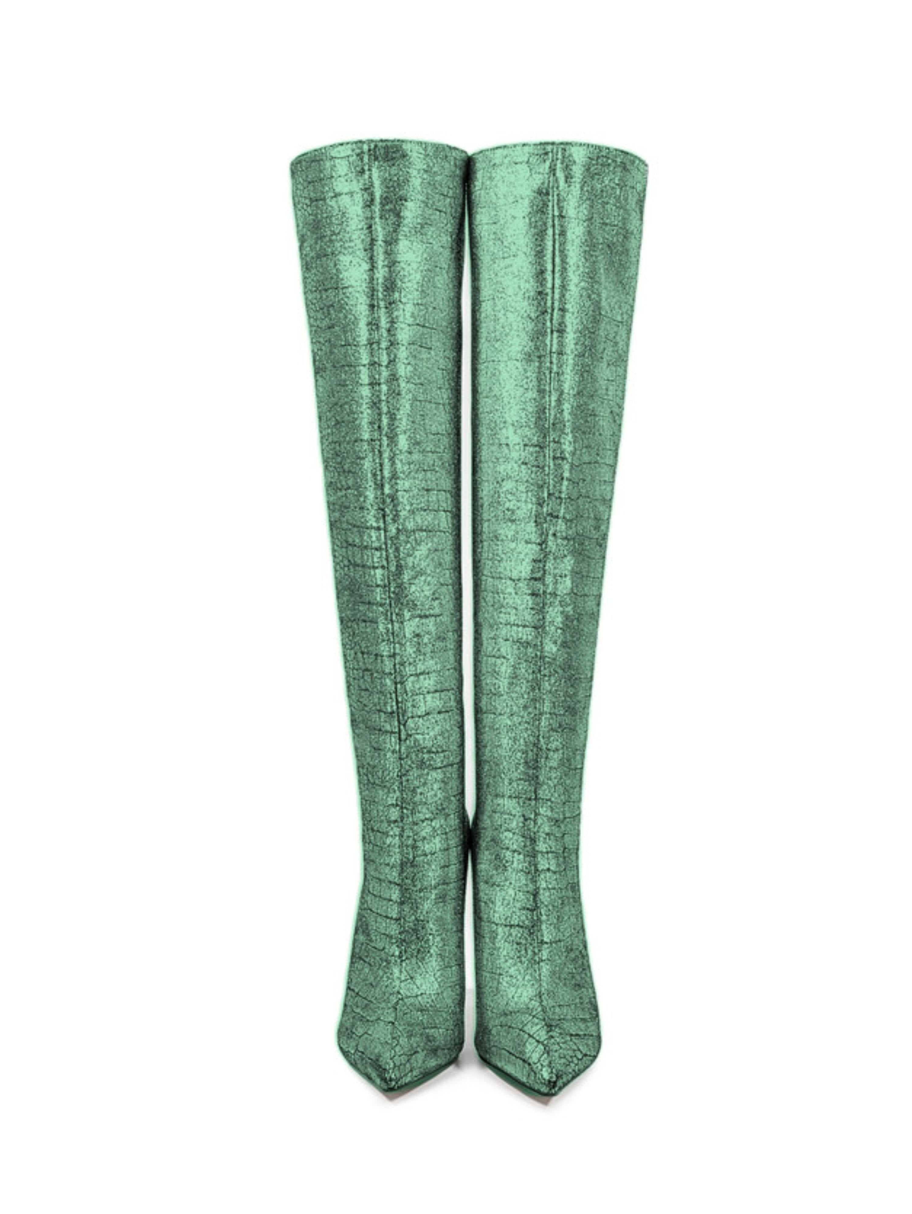 Emerald Green Embossed Pointed Toe Knee-High Heeled Boots