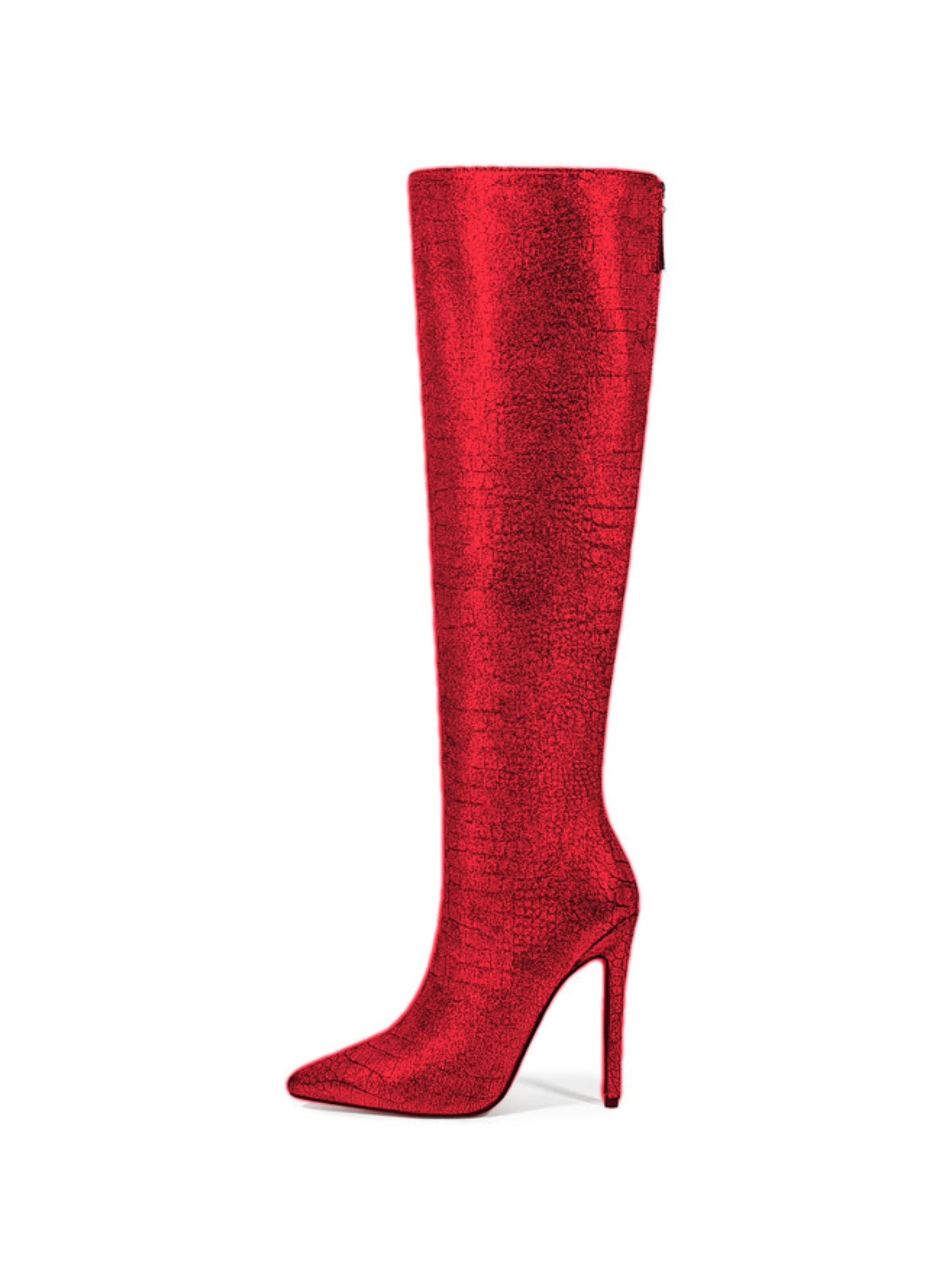 Shining Red Stiletto Embossed Women's Knee-High Boots