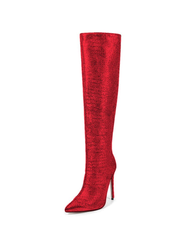 Shining Red Stiletto Embossed Women's Knee-High Boots