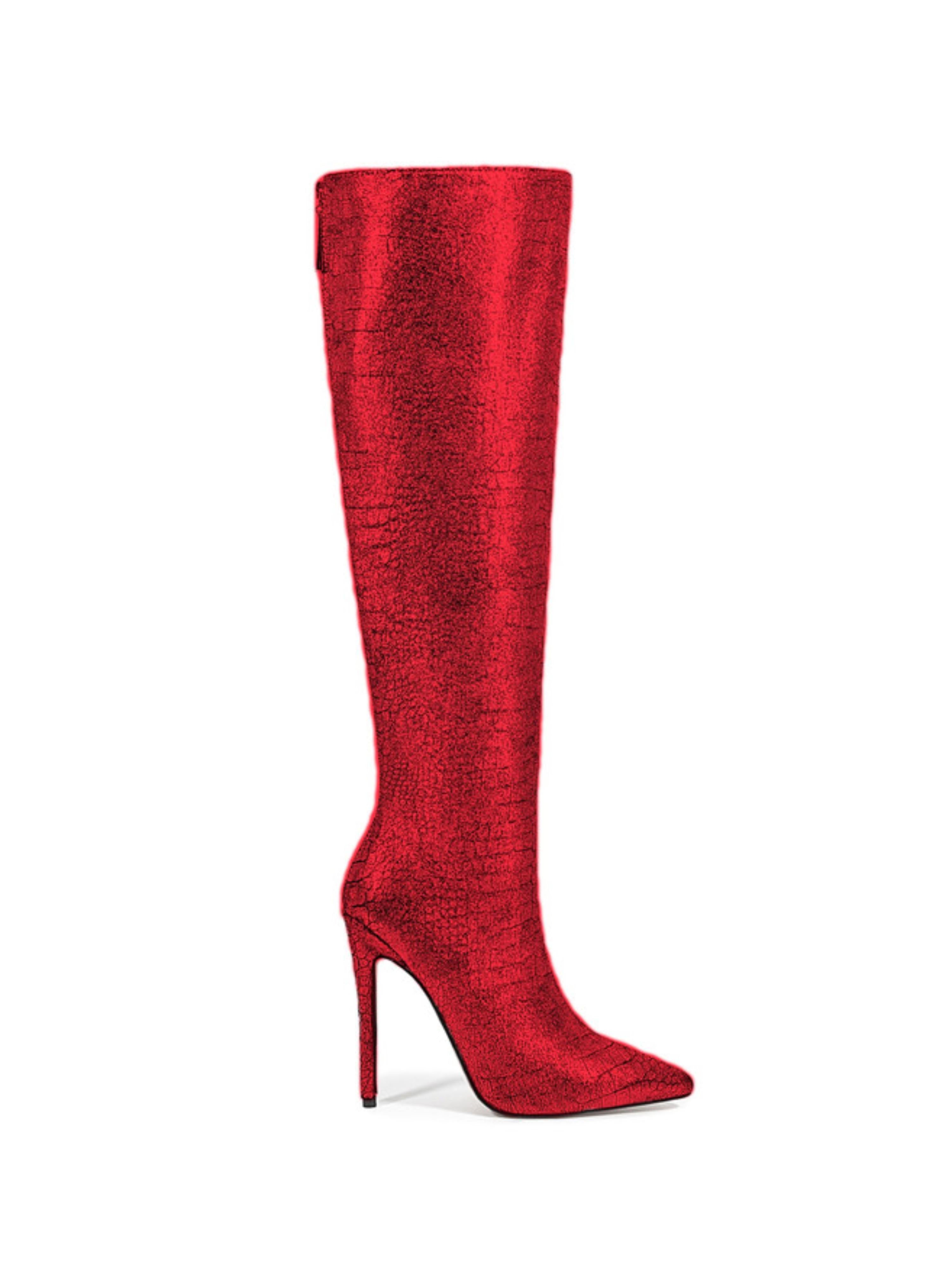 Shining Red Stiletto Embossed Women's Knee-High Boots