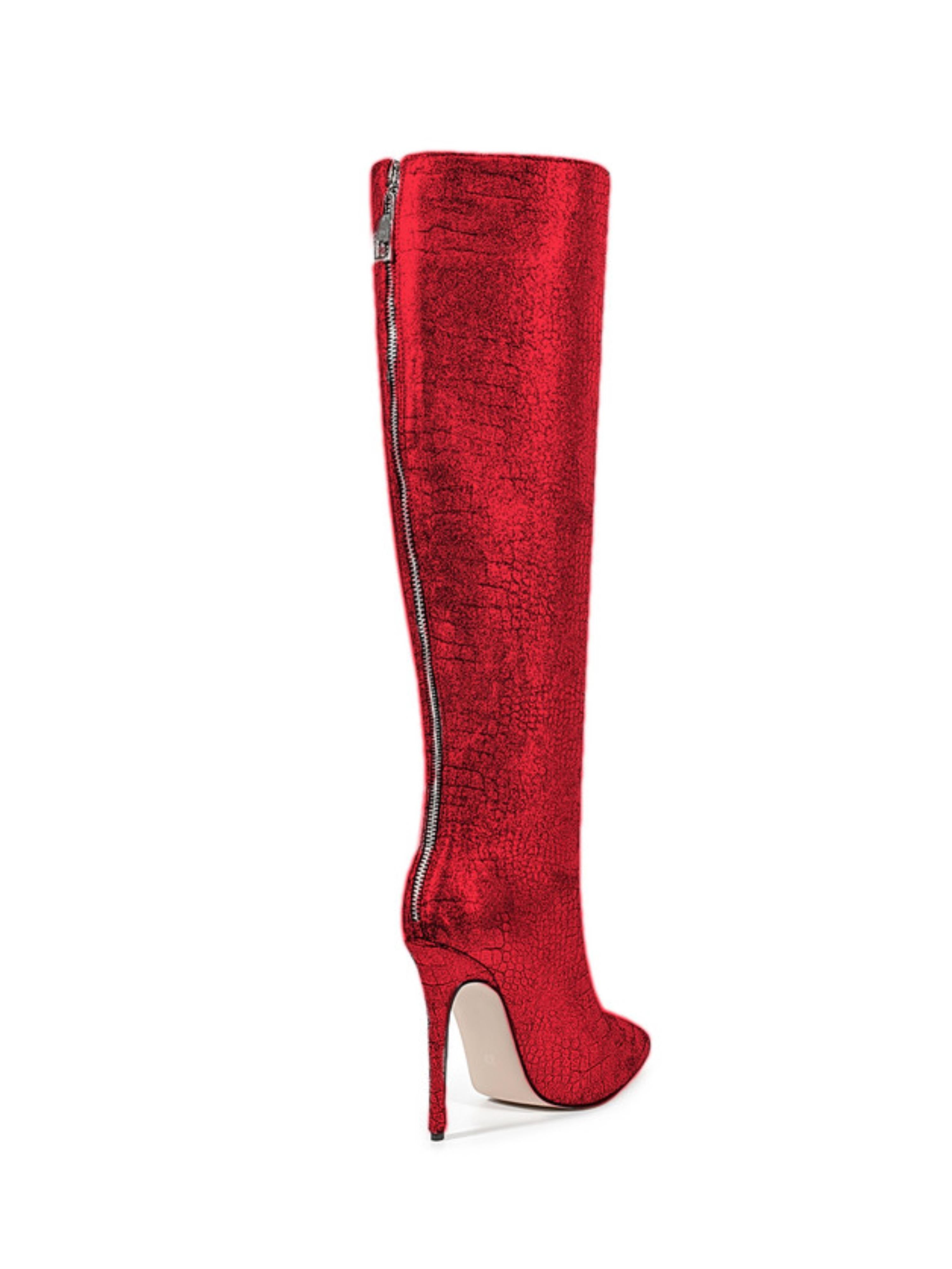 Shining Red Stiletto Embossed Women's Knee-High Boots