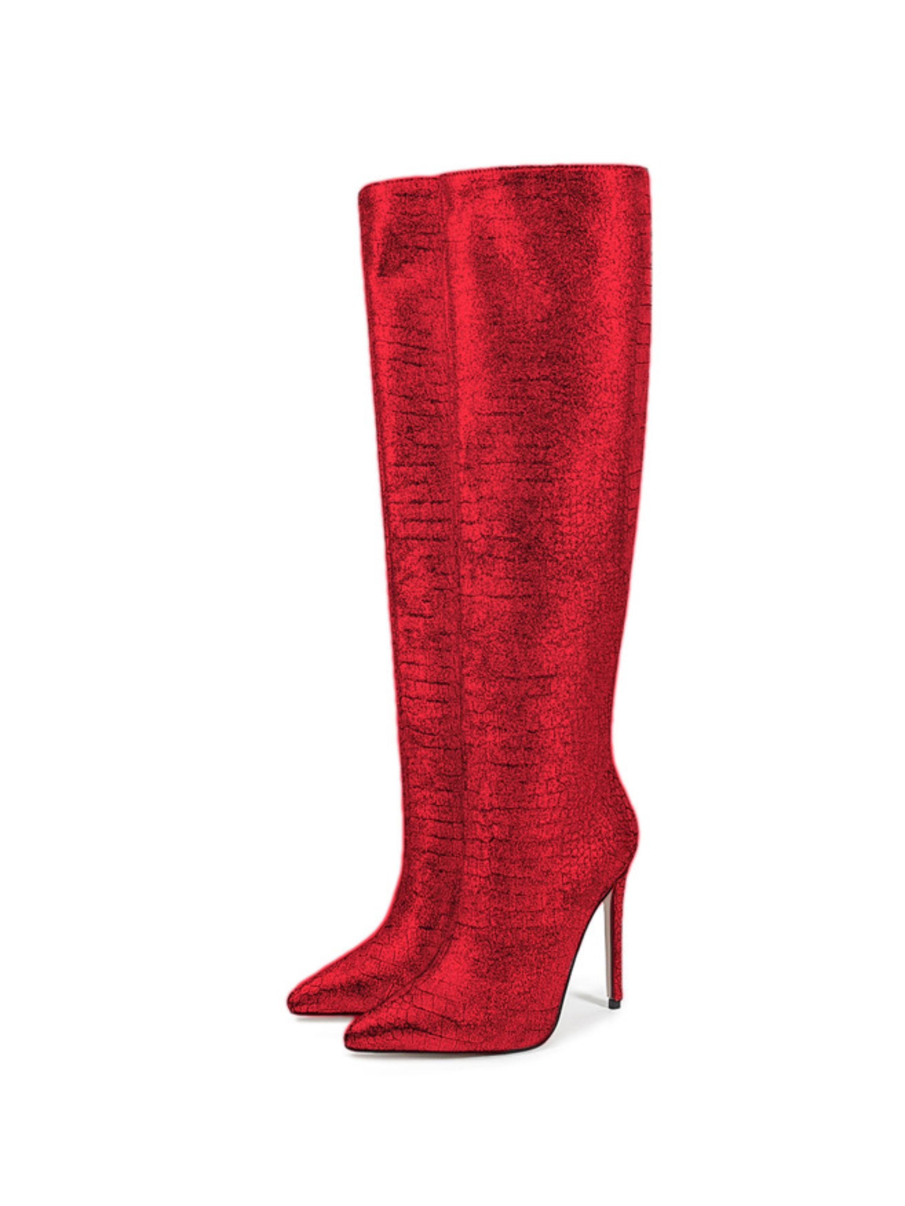 Shining Red Stiletto Embossed Women's Knee-High Boots