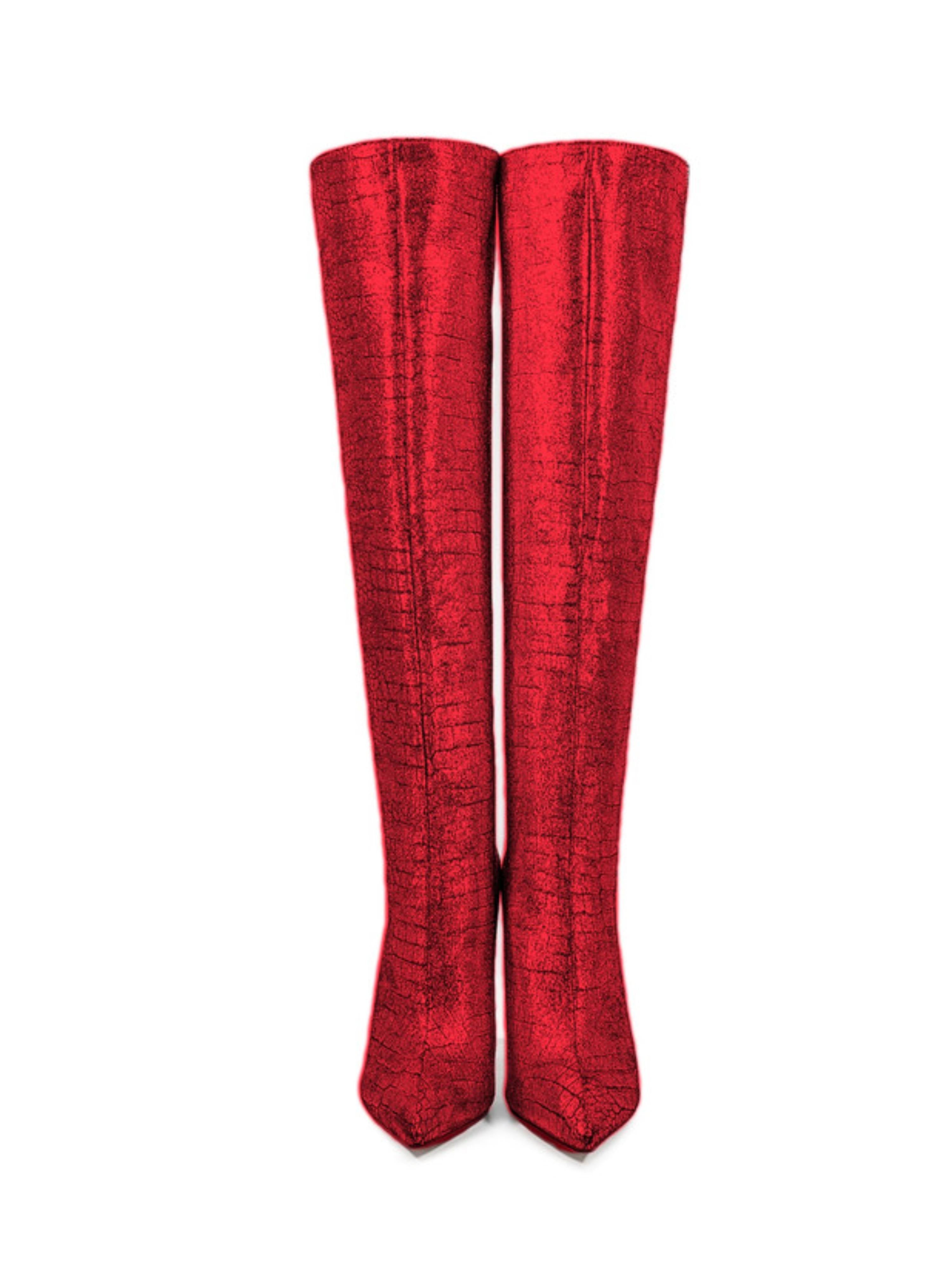 Shining Red Stiletto Embossed Women's Knee-High Boots
