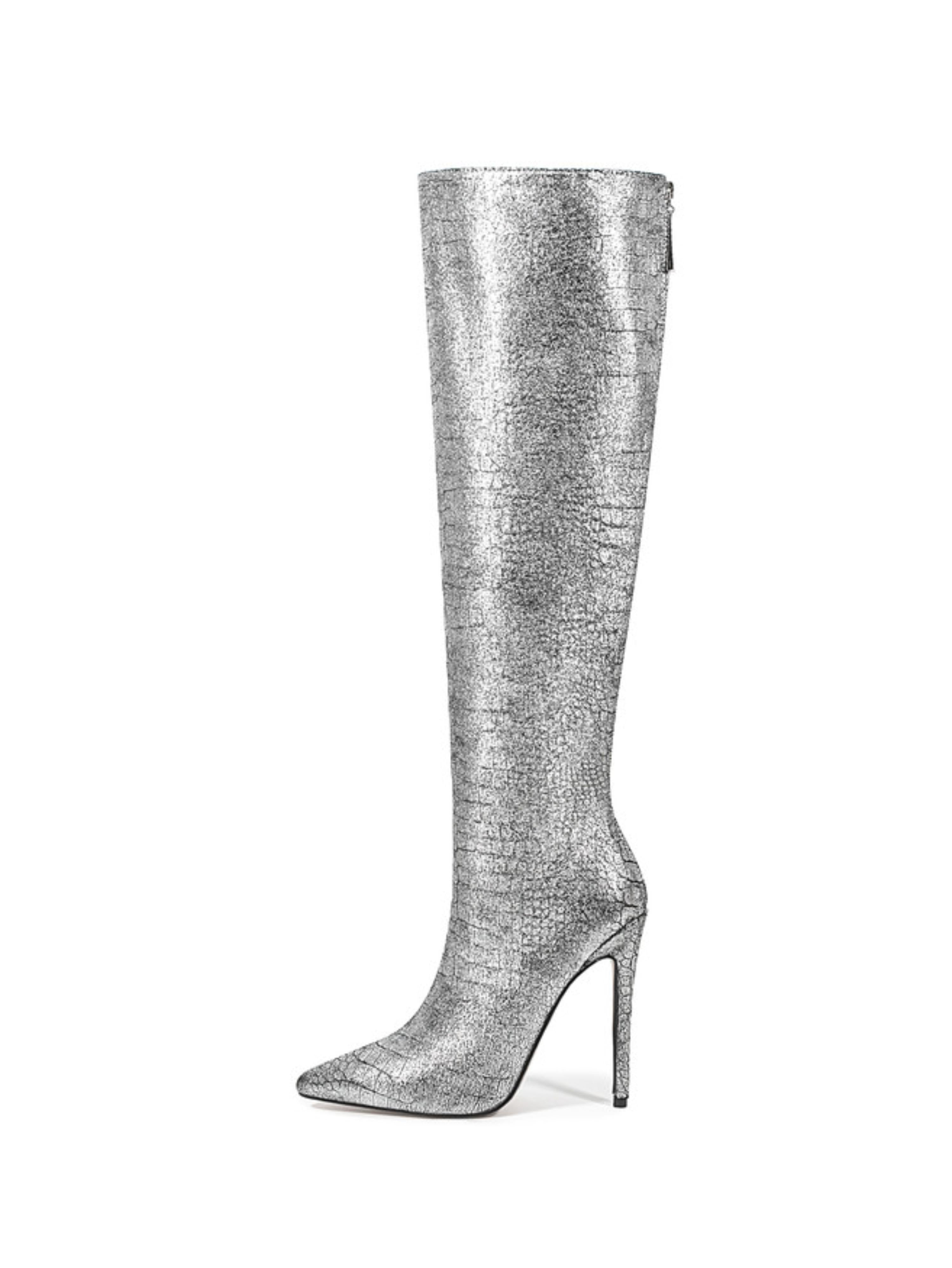 Trendy Silver Pointed Toe Embossed Tall Boots for Women