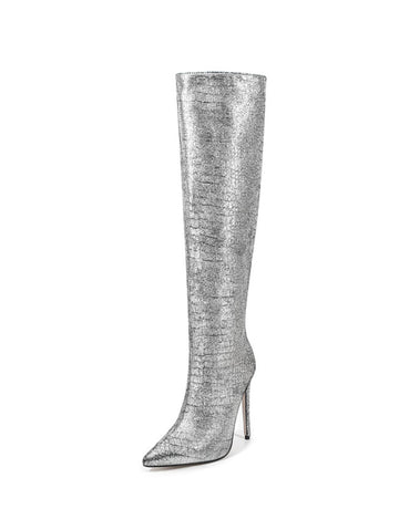 Trendy Silver Pointed Toe Embossed Tall Boots for Women