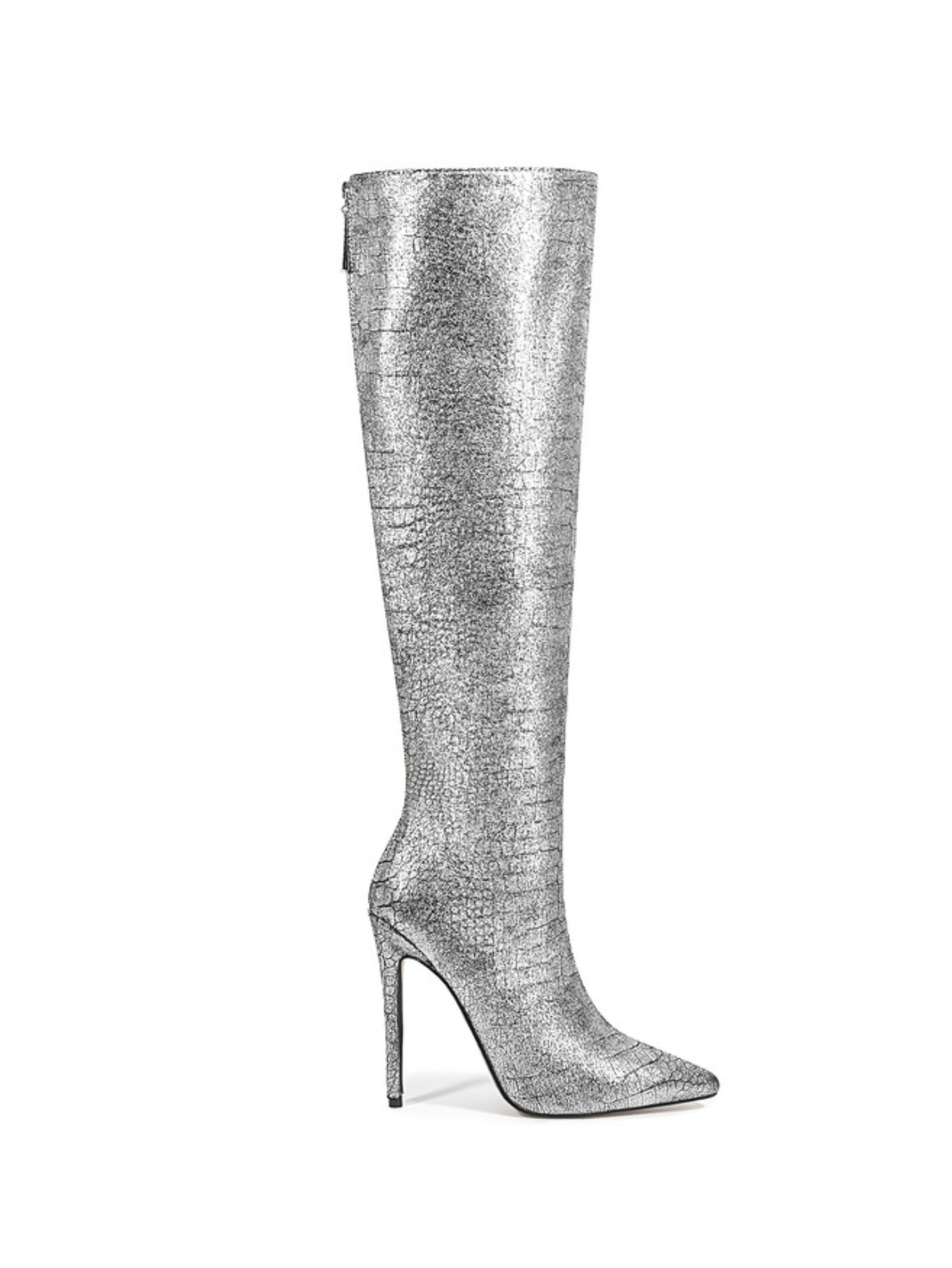 Trendy Silver Pointed Toe Embossed Tall Boots for Women