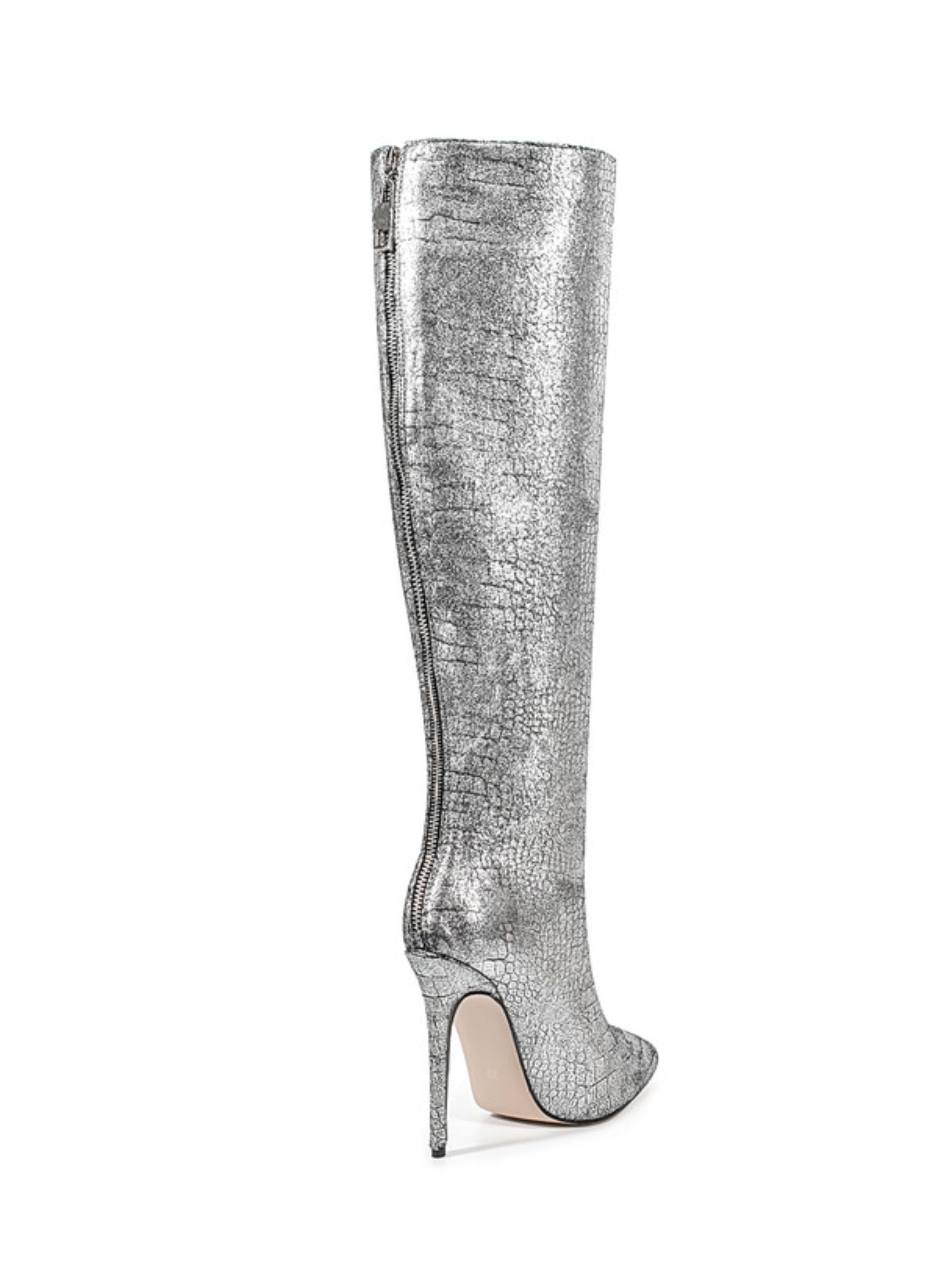 Trendy Silver Pointed Toe Embossed Tall Boots for Women