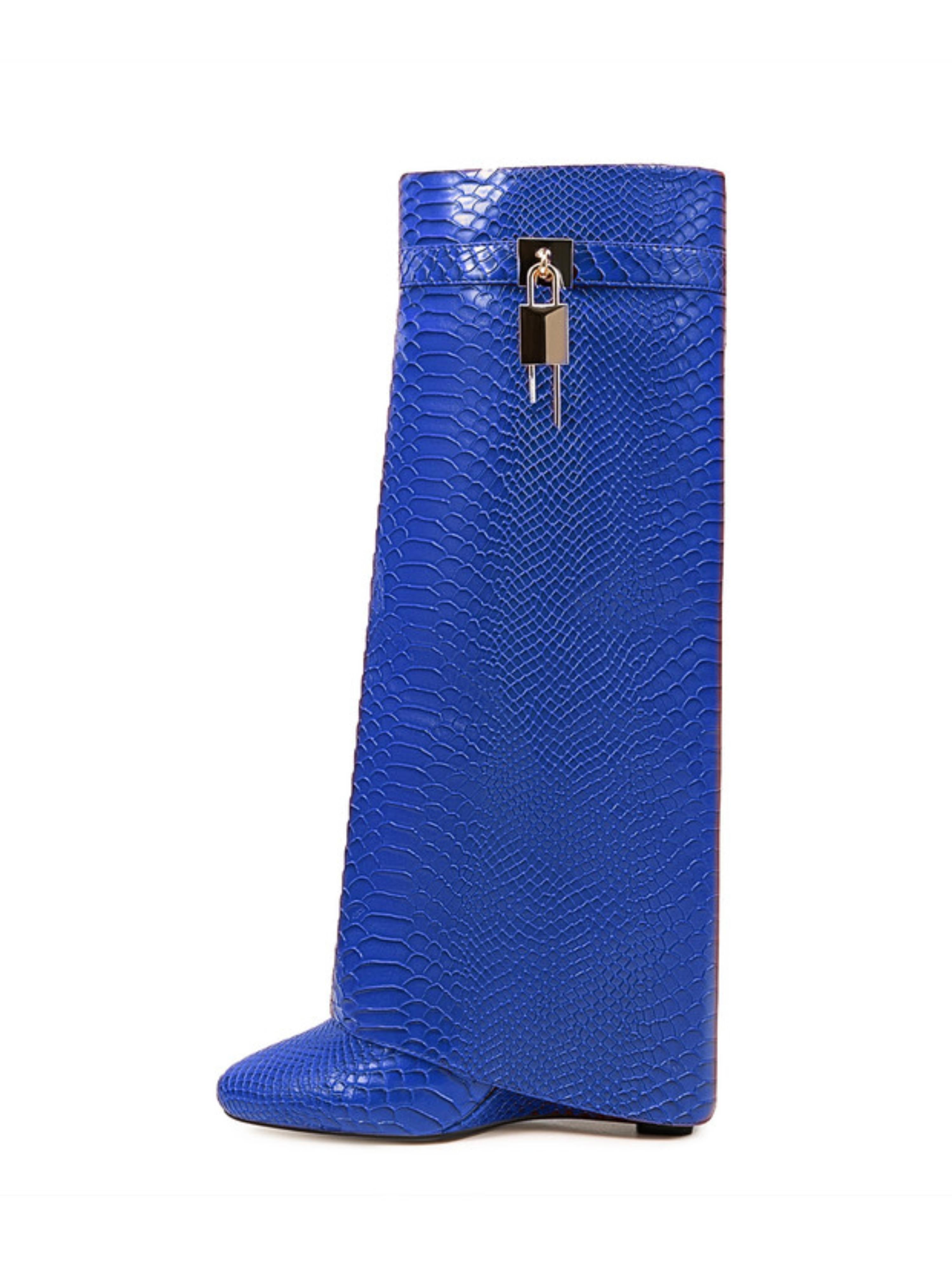 Royal Blue Embossed Lock Fold Over Wedge Knee-High Boots