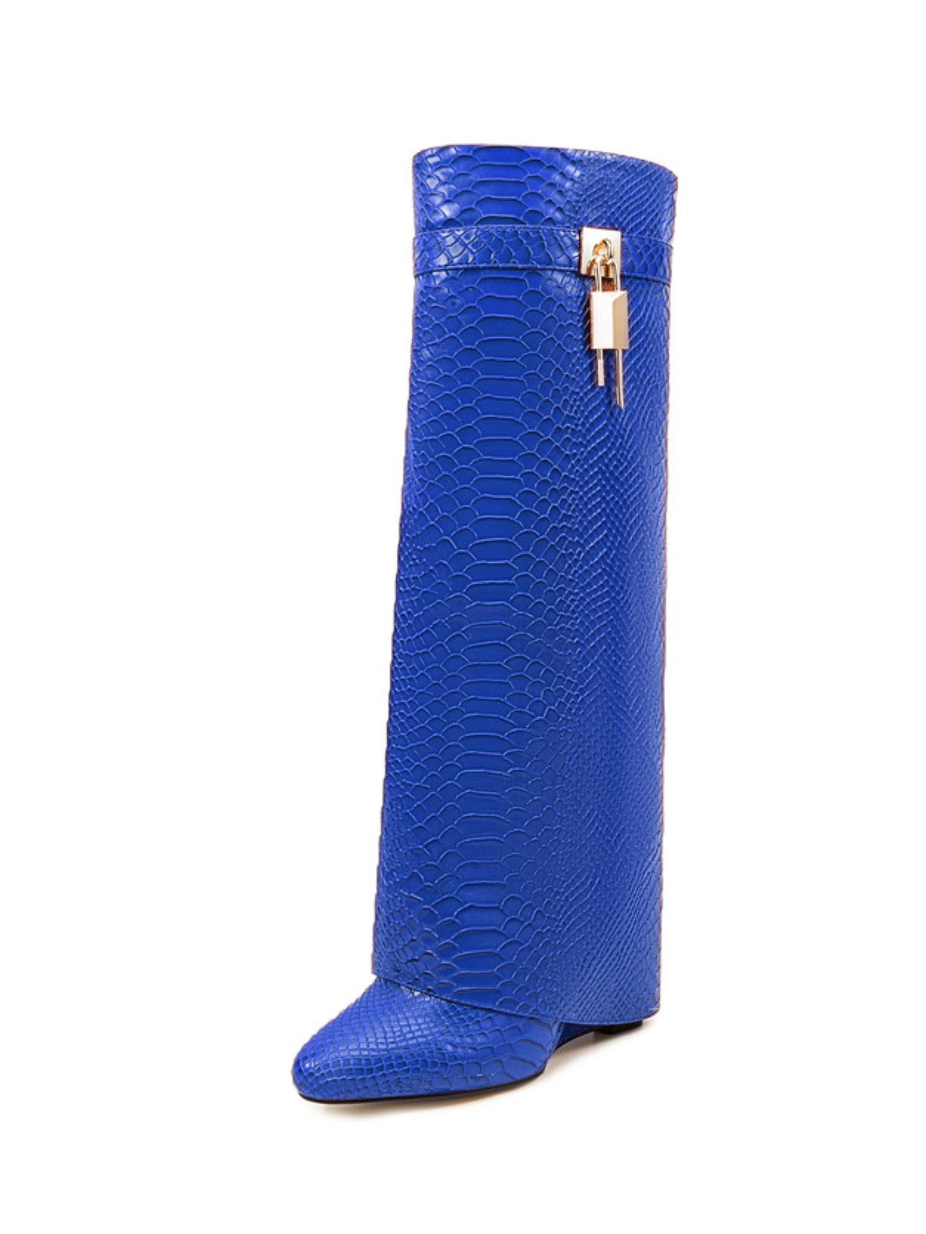 Royal Blue Embossed Lock Fold Over Wedge Knee-High Boots
