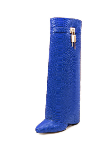 Royal Blue Embossed Lock Fold Over Wedge Knee-High Boots