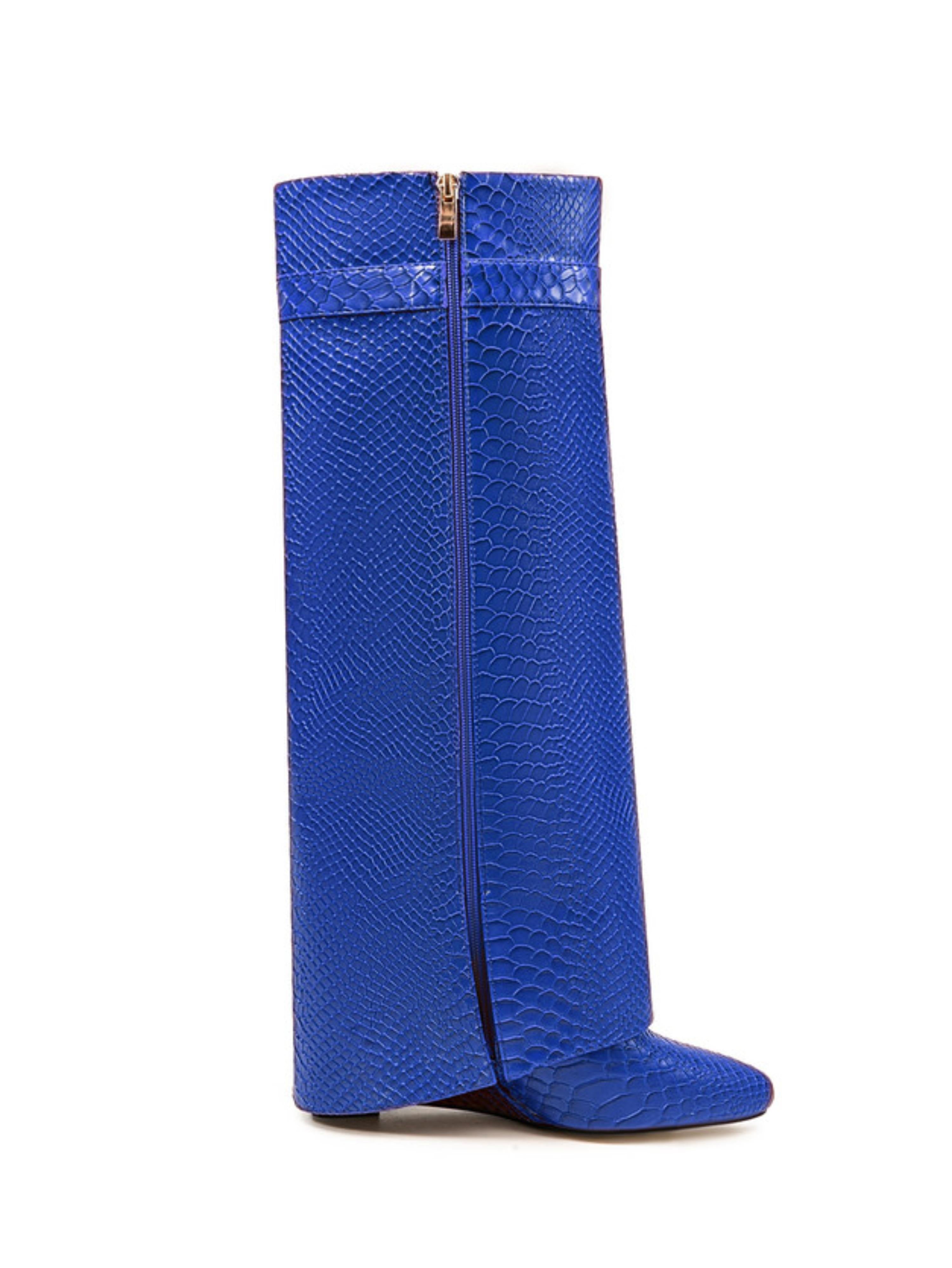 Royal Blue Embossed Lock Fold Over Wedge Knee-High Boots