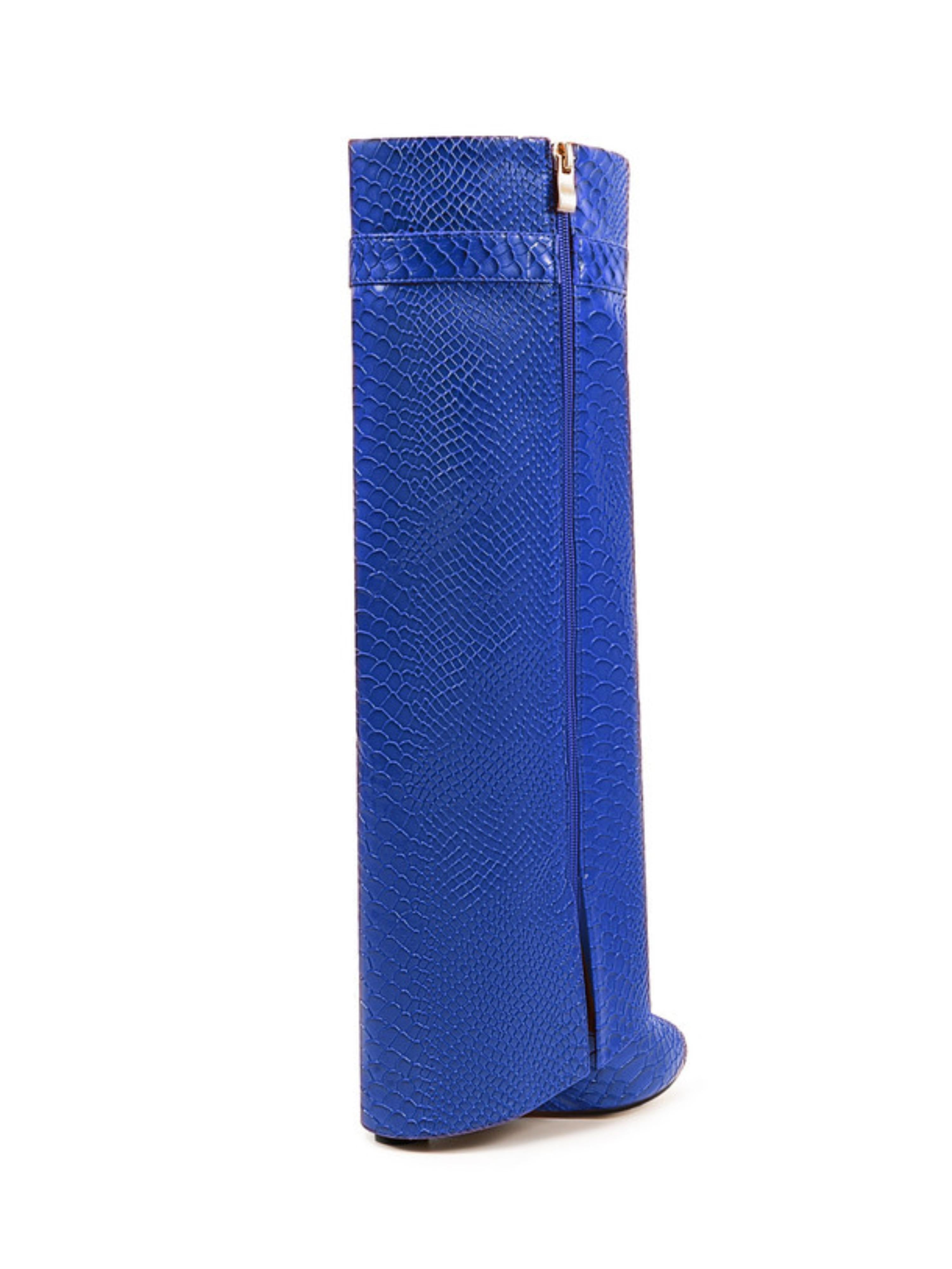 Royal Blue Embossed Lock Fold Over Wedge Knee-High Boots