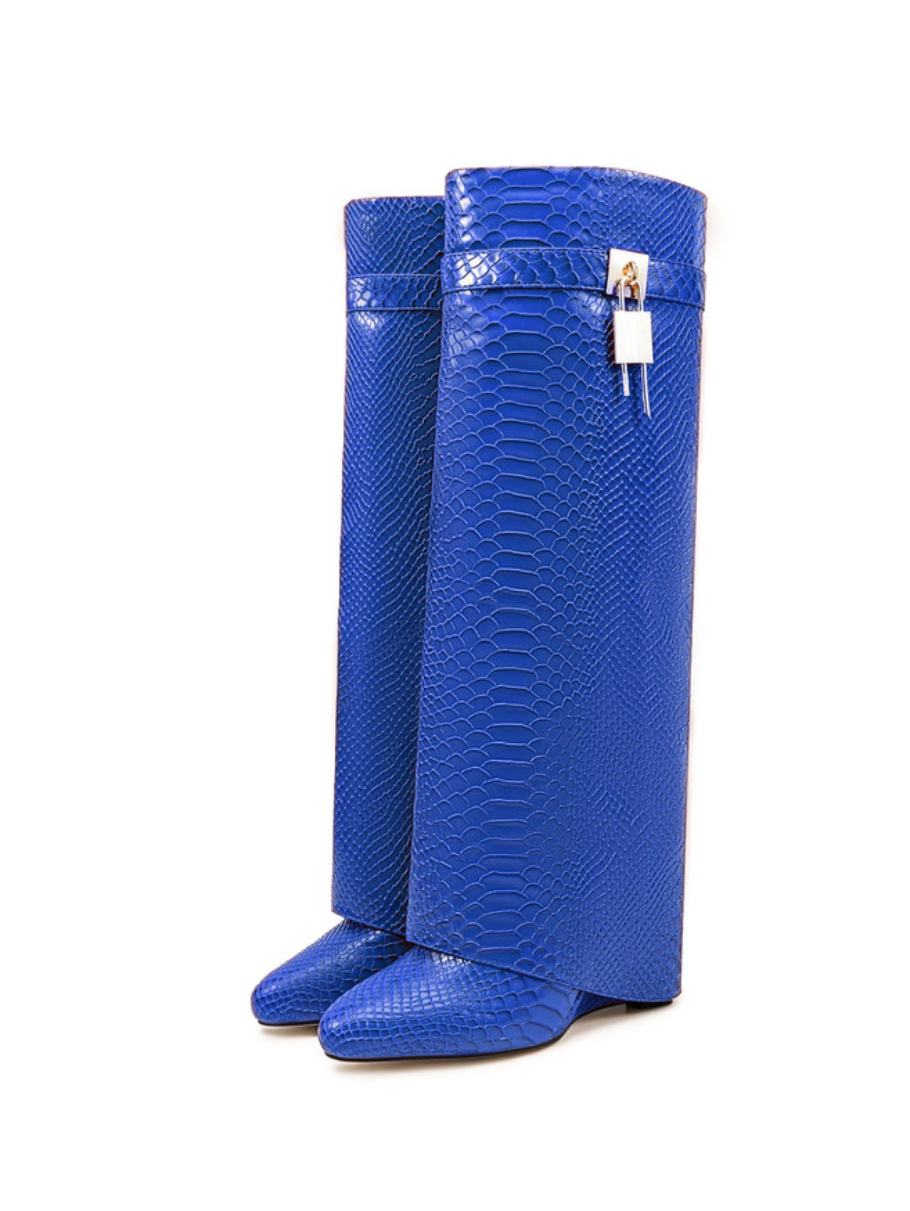 Royal Blue Embossed Lock Fold Over Wedge Knee-High Boots