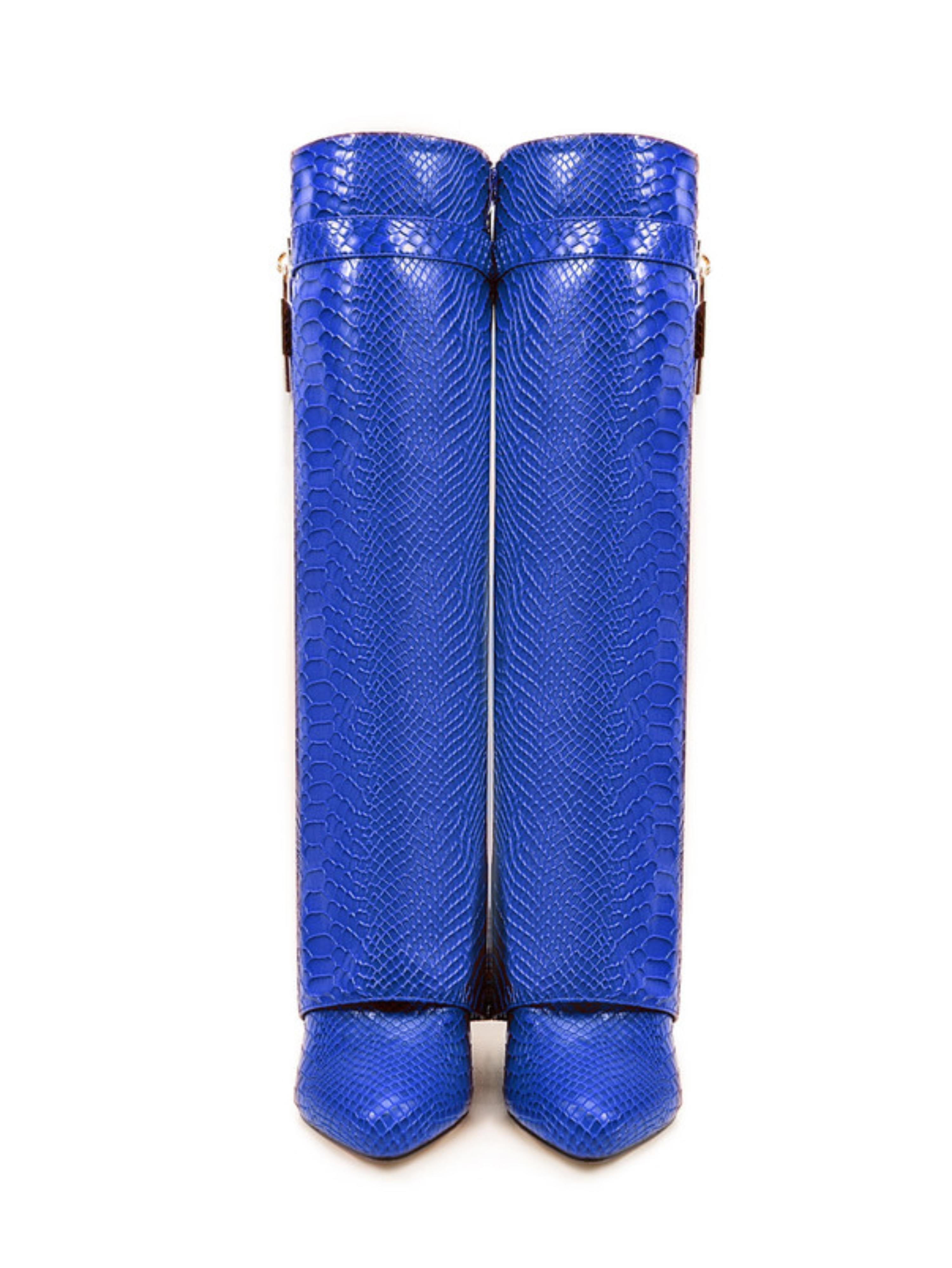 Royal Blue Embossed Lock Fold Over Wedge Knee-High Boots