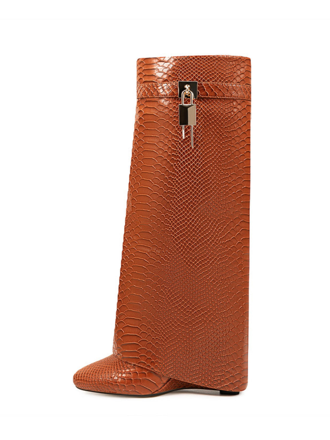 Chestnut Brown Embossed Knee-High Fold Over Boots with Lock