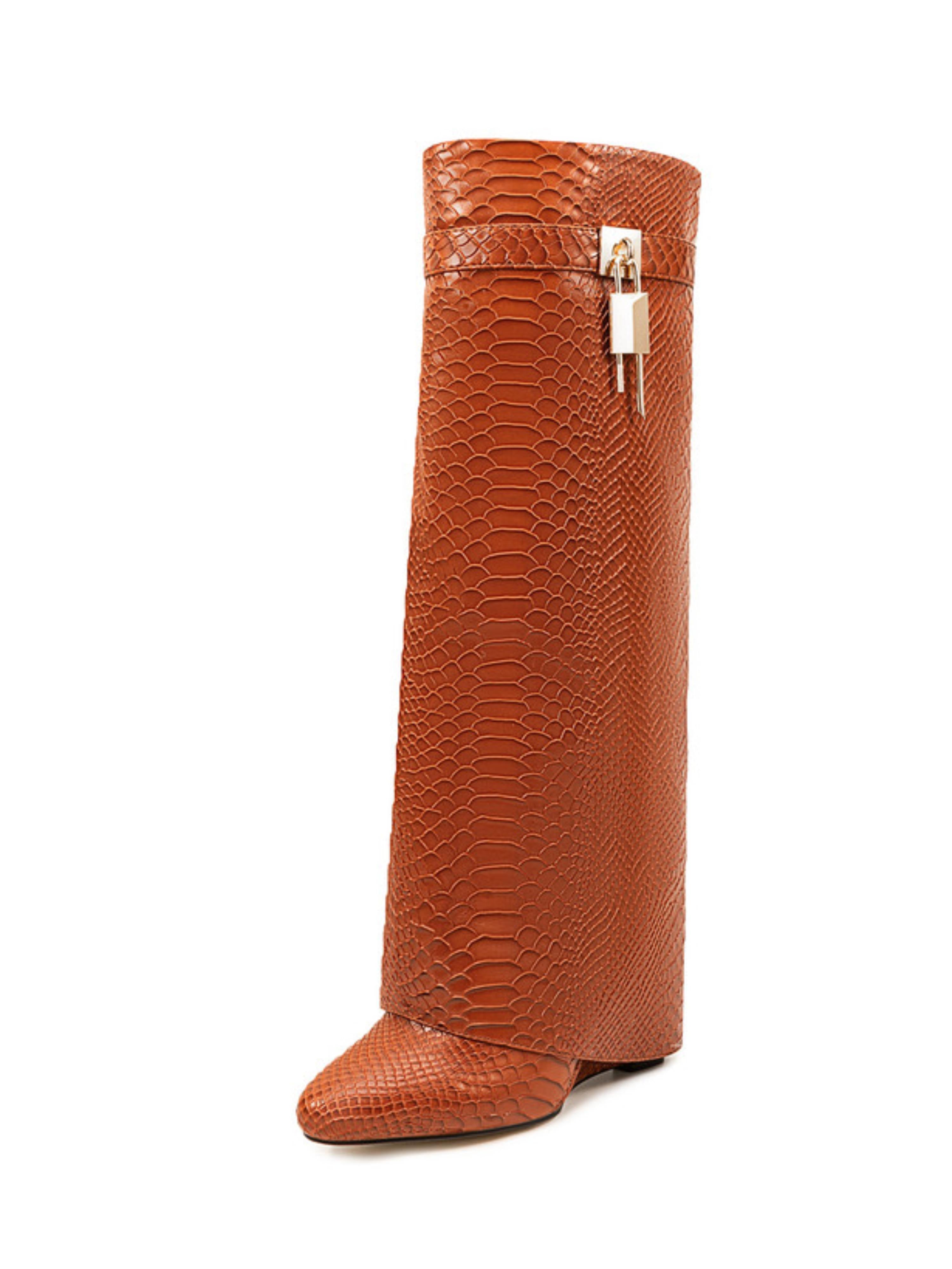 Chestnut Brown Embossed Knee-High Fold Over Boots with Lock