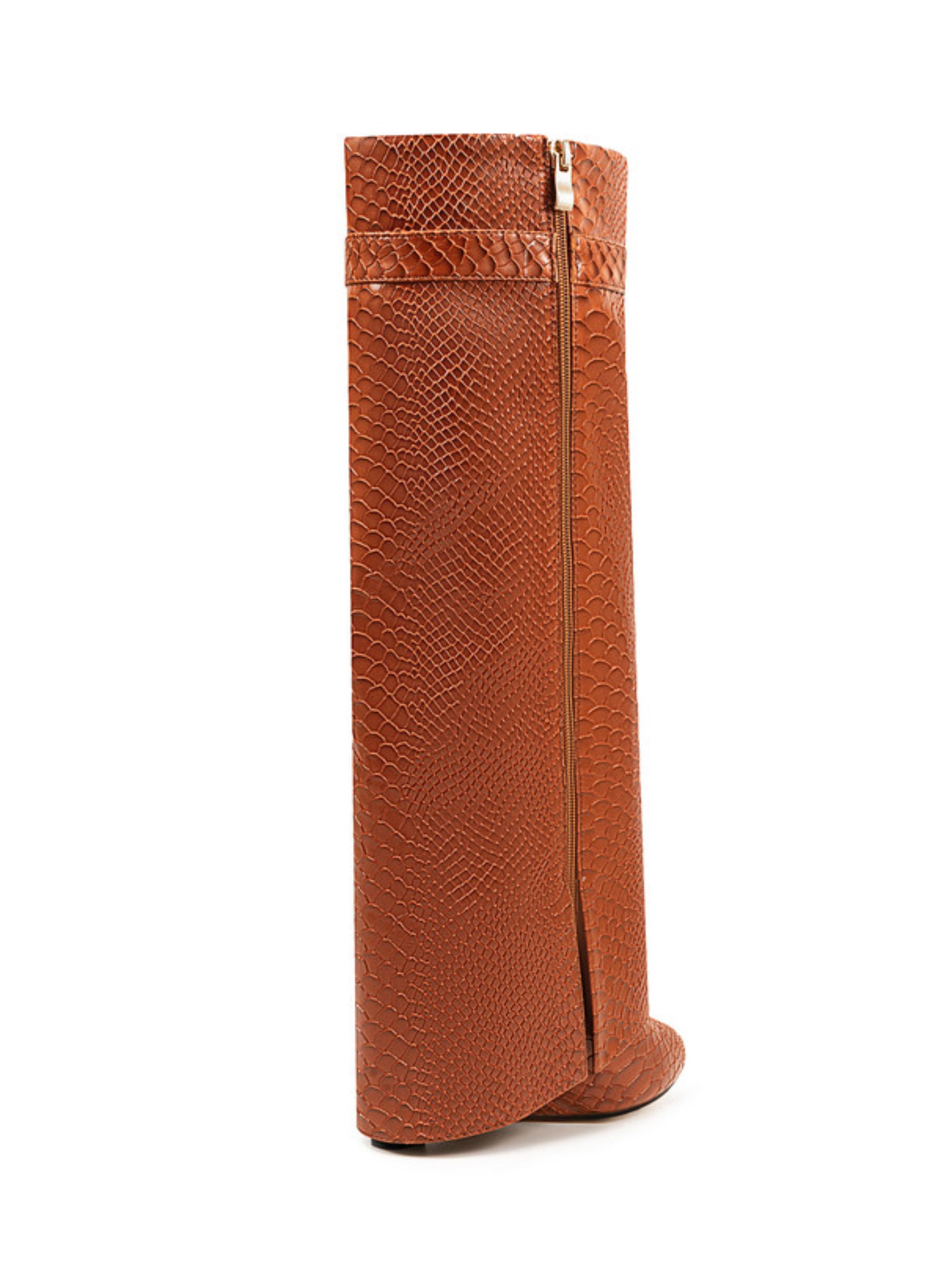 Chestnut Brown Embossed Knee-High Fold Over Boots with Lock