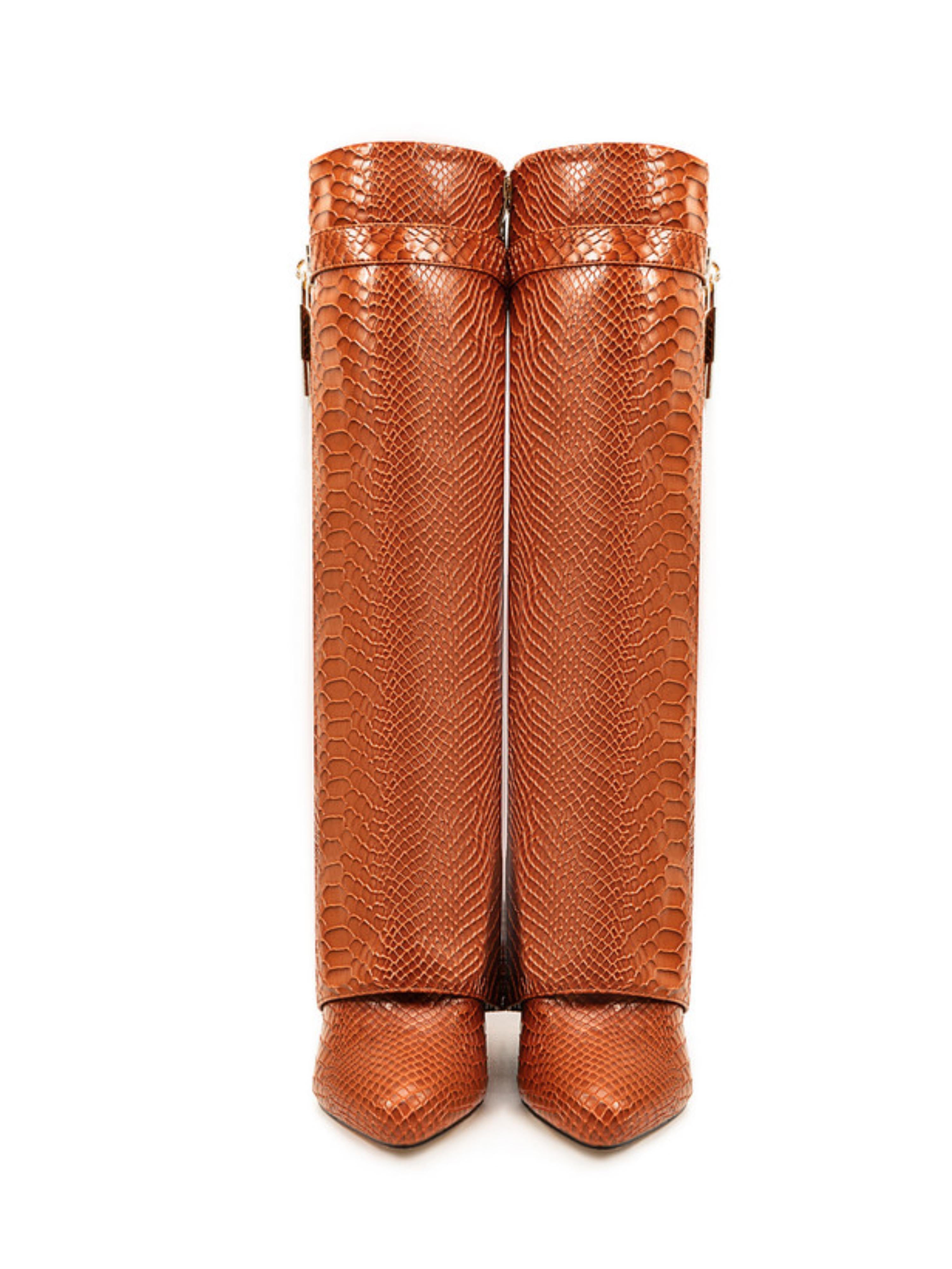 Chestnut Brown Embossed Knee-High Fold Over Boots with Lock