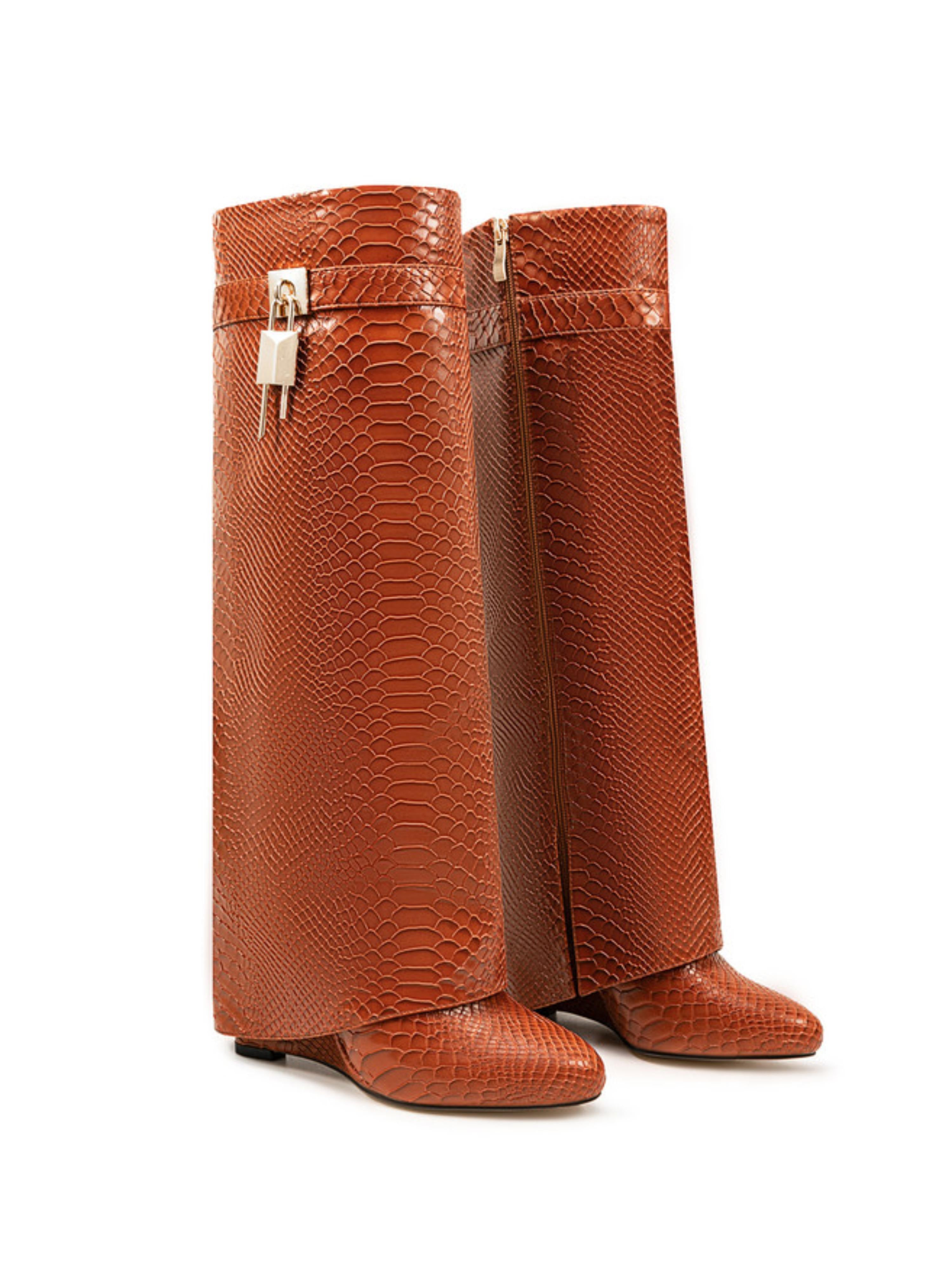 Chestnut Brown Embossed Knee-High Fold Over Boots with Lock