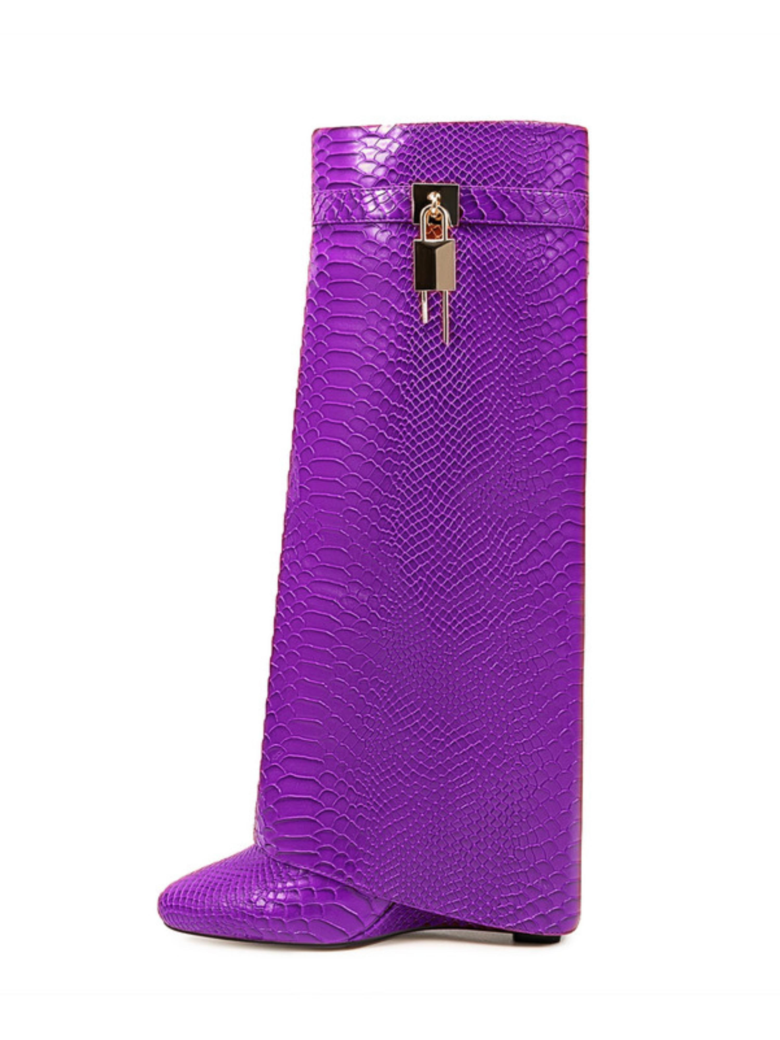 Vibrant Purple Embossed Fold Over Knee-High Wedge Boots