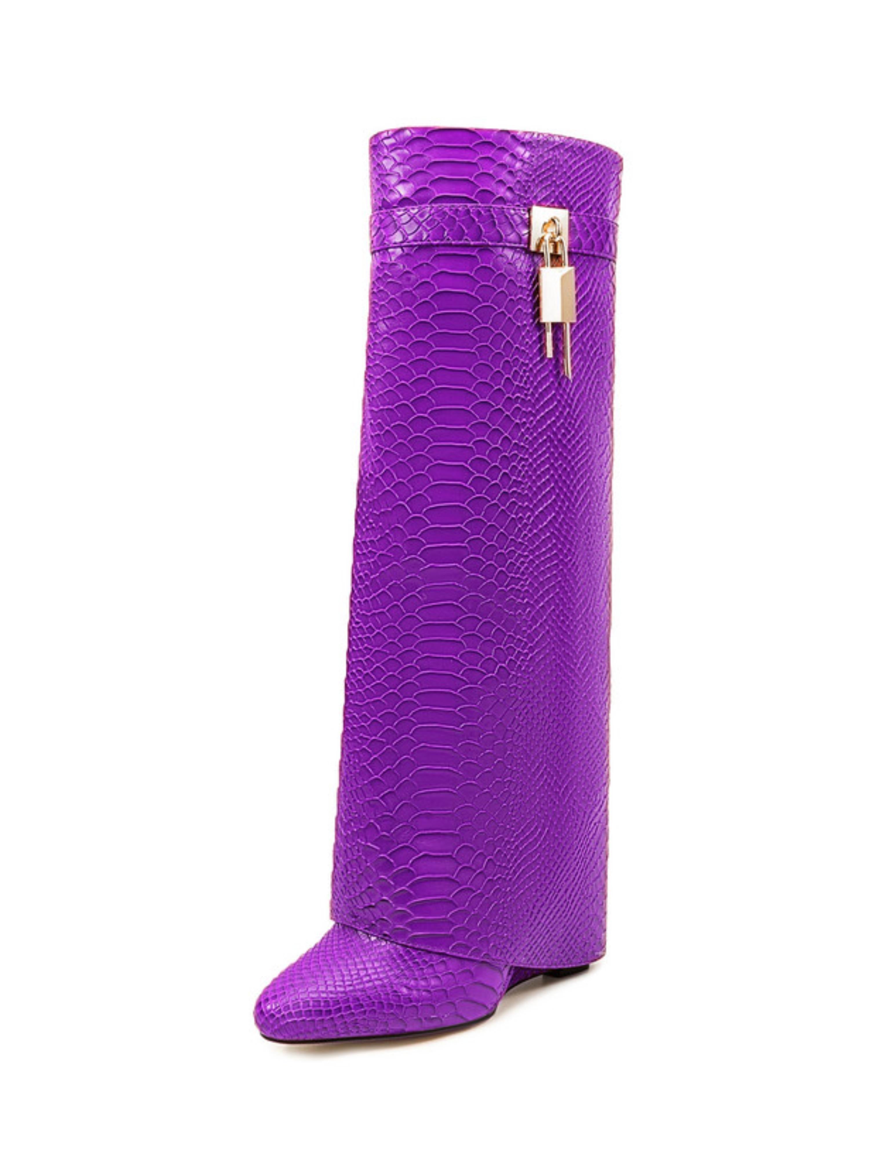 Vibrant Purple Embossed Fold Over Knee-High Wedge Boots