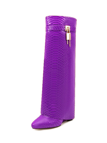 Vibrant Purple Embossed Fold Over Knee-High Wedge Boots