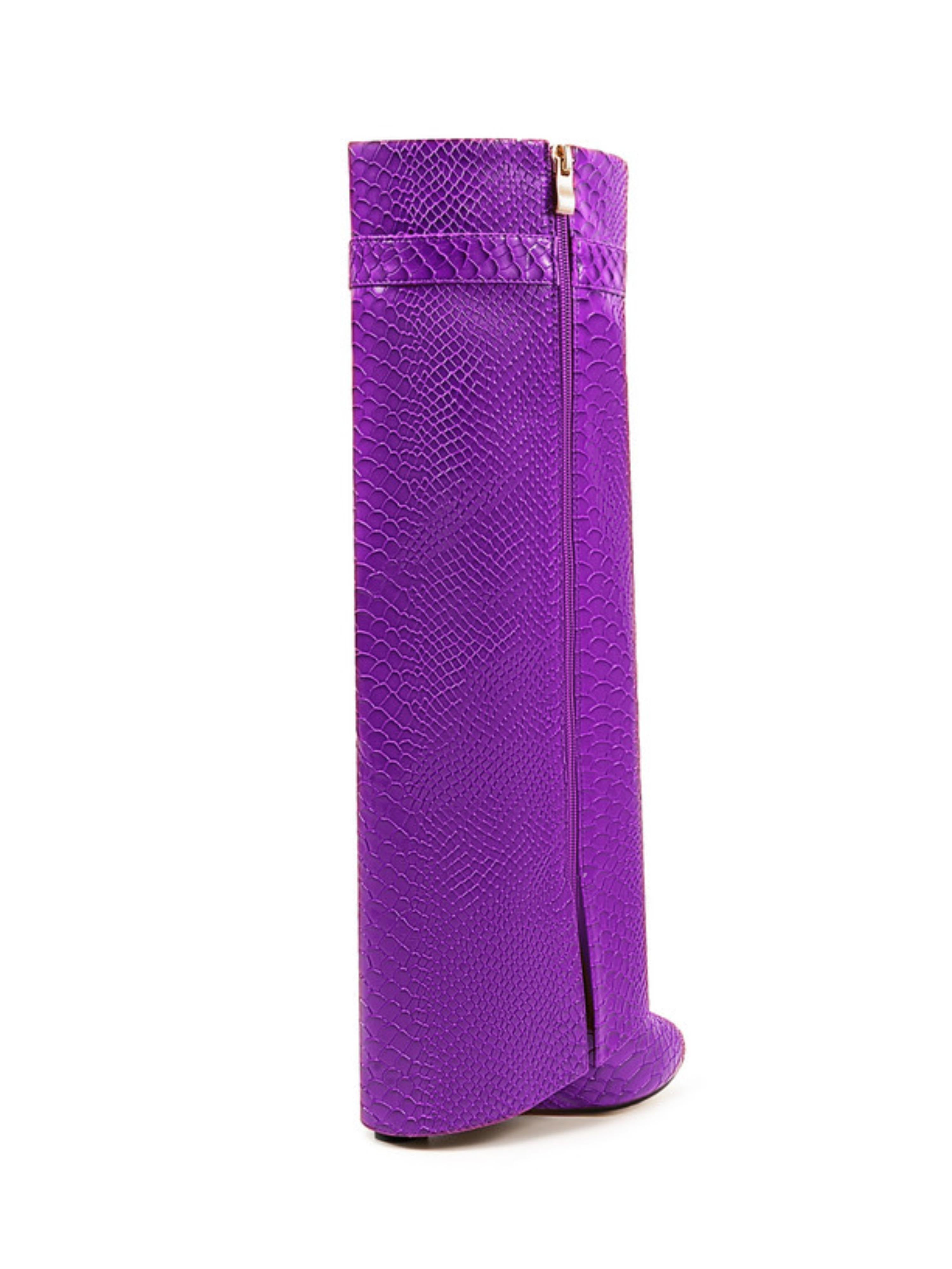 Vibrant Purple Embossed Fold Over Knee-High Wedge Boots